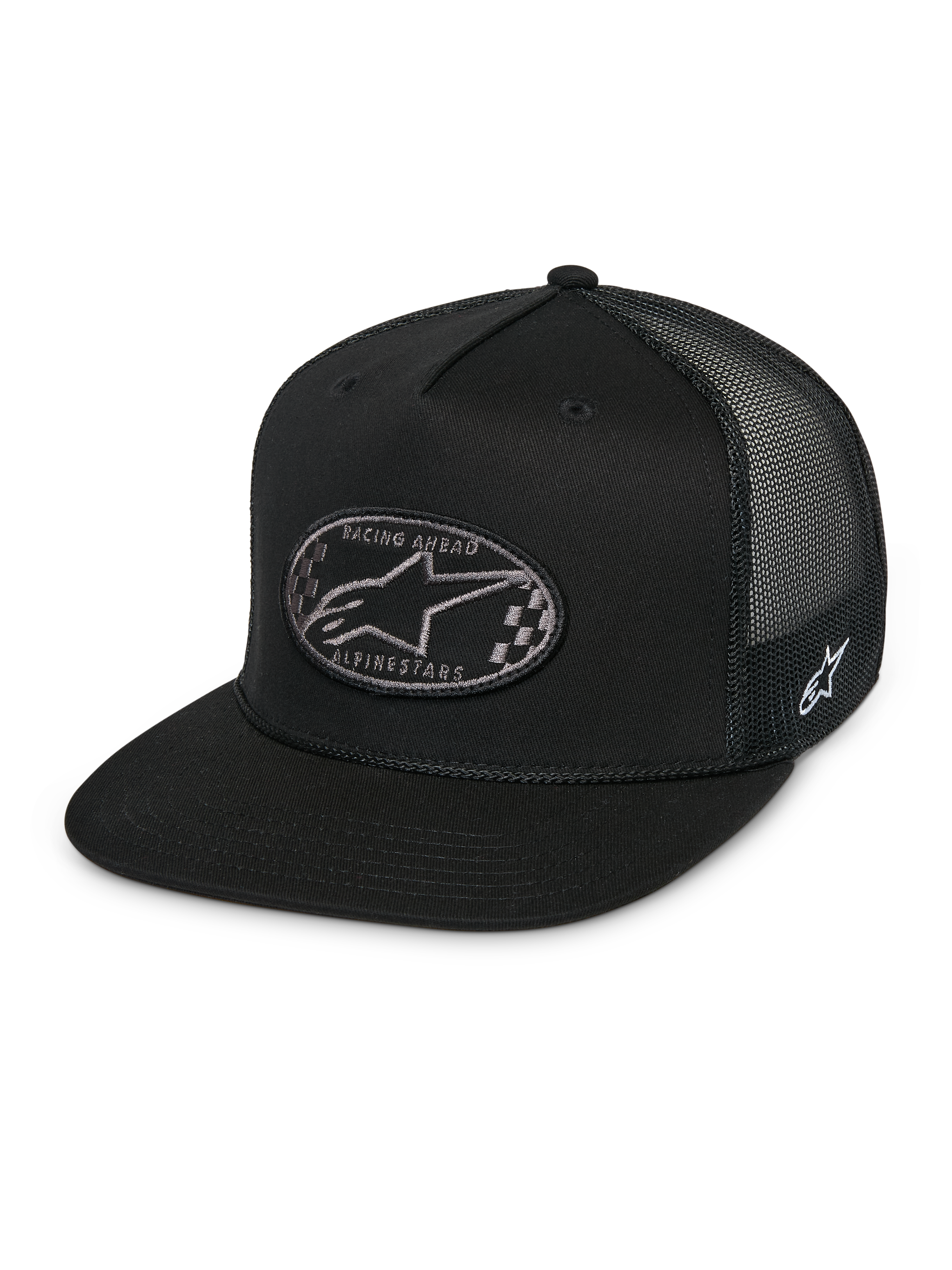 Casquette Trucker Alpinestars Contender, casquette snapback noire, visière plate, écusson ovale à l'avant avec logo Astars à carreaux et texte Racing Ahead, arrière en maille noire, broderie du logo sur le côté, streetwear décontracté motorsport