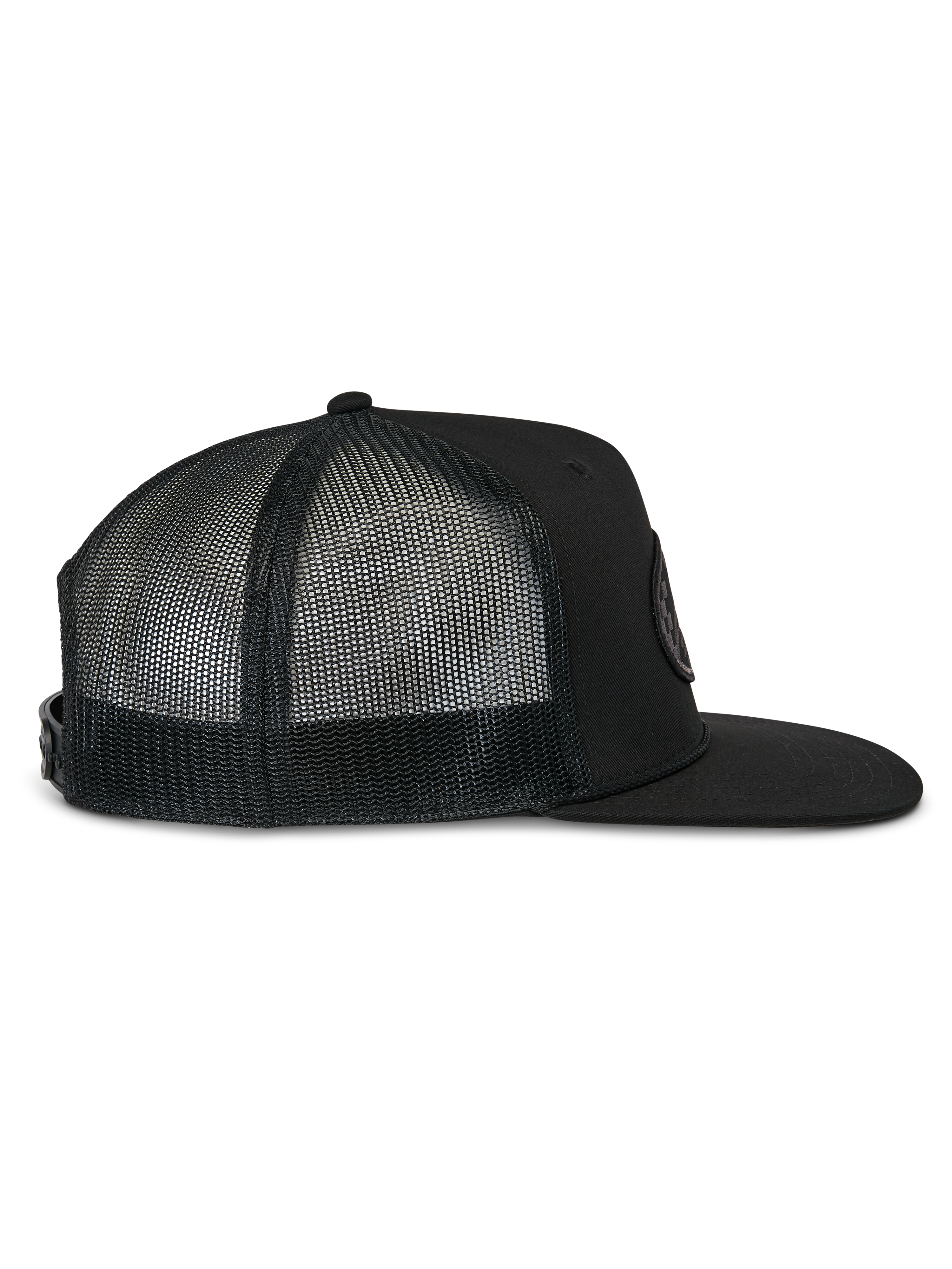 Casquette Trucker Contender Alpinestars, casquette trucker noire, vue de profil, avec visière plate et panneaux arrière en maille respirante, fermeture snapback, style motorsport décontracté