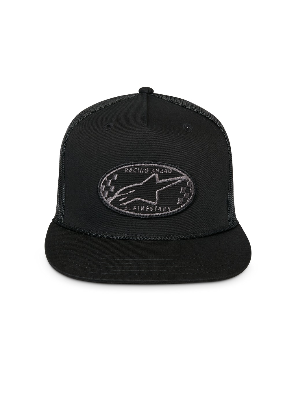 Casquette Trucker Contender Alpinestars, noire, casquette snapback structurée avec visière plate, écusson brodé à carreaux du logo Astars à l'avant, arrière en maille, accessoire sportswear décontracté
