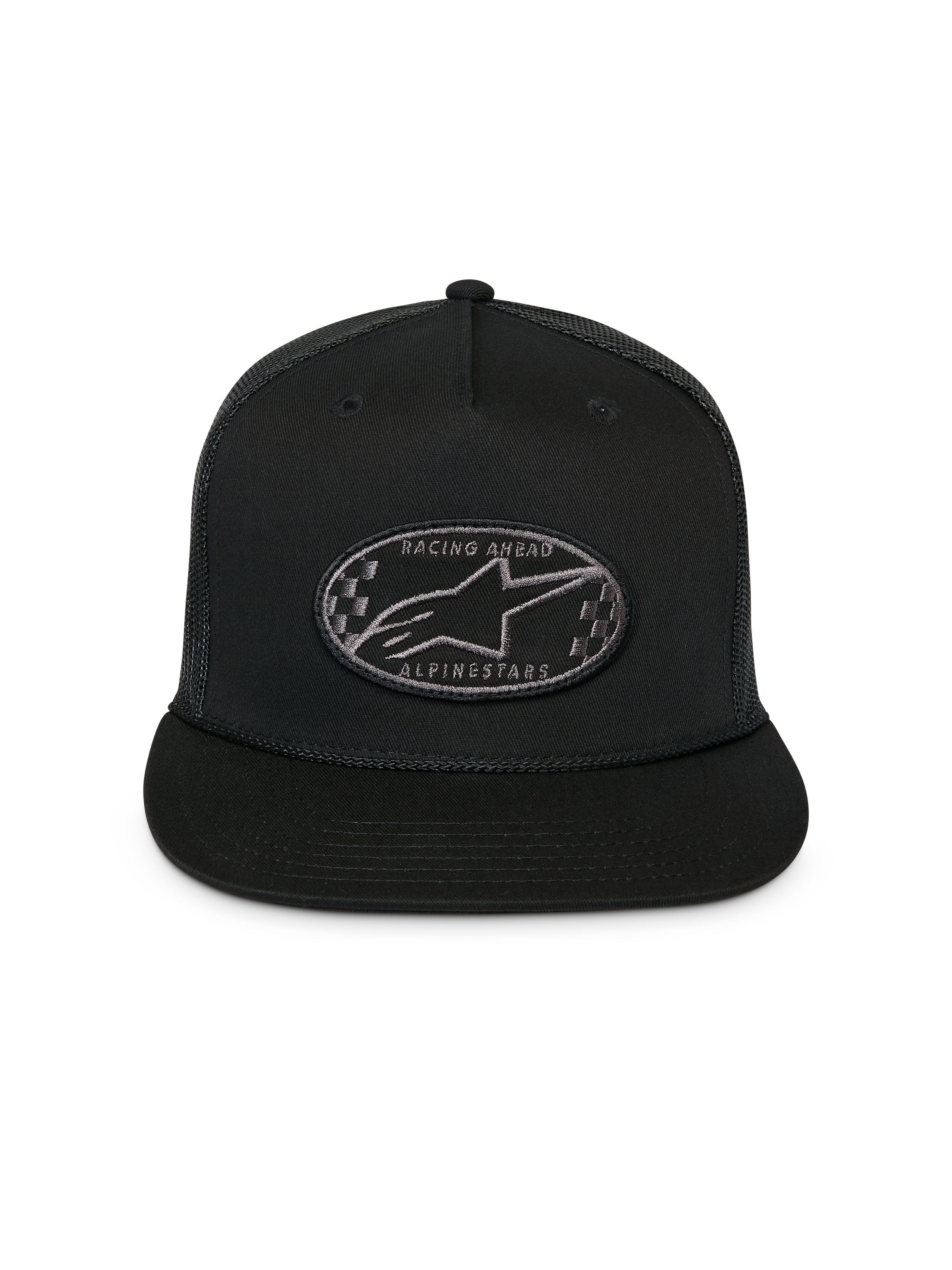 Casquette Trucker Contender Alpinestars, noire, casquette snapback structurée avec visière plate, écusson brodé à carreaux du logo Astars à l'avant, arrière en maille, accessoire sportswear décontracté