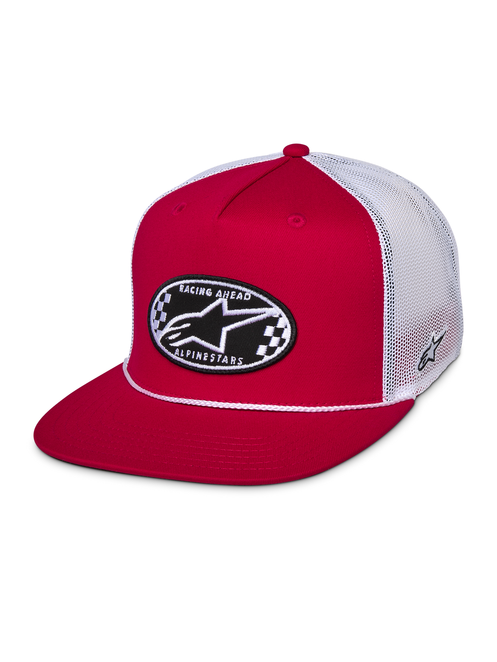 Casquette Trucker Contender Alpinestars, rouge et blanc, snapback à visière plate avec écusson brodé ovale Astars à damier sur le devant, arrière en maille polyester blanche, streetwear motorsport décontracté