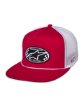 Casquette Trucker Contender Alpinestars, rouge et blanc, snapback à visière plate avec écusson brodé ovale Astars à damier sur le devant, arrière en maille polyester blanche, streetwear motorsport décontracté