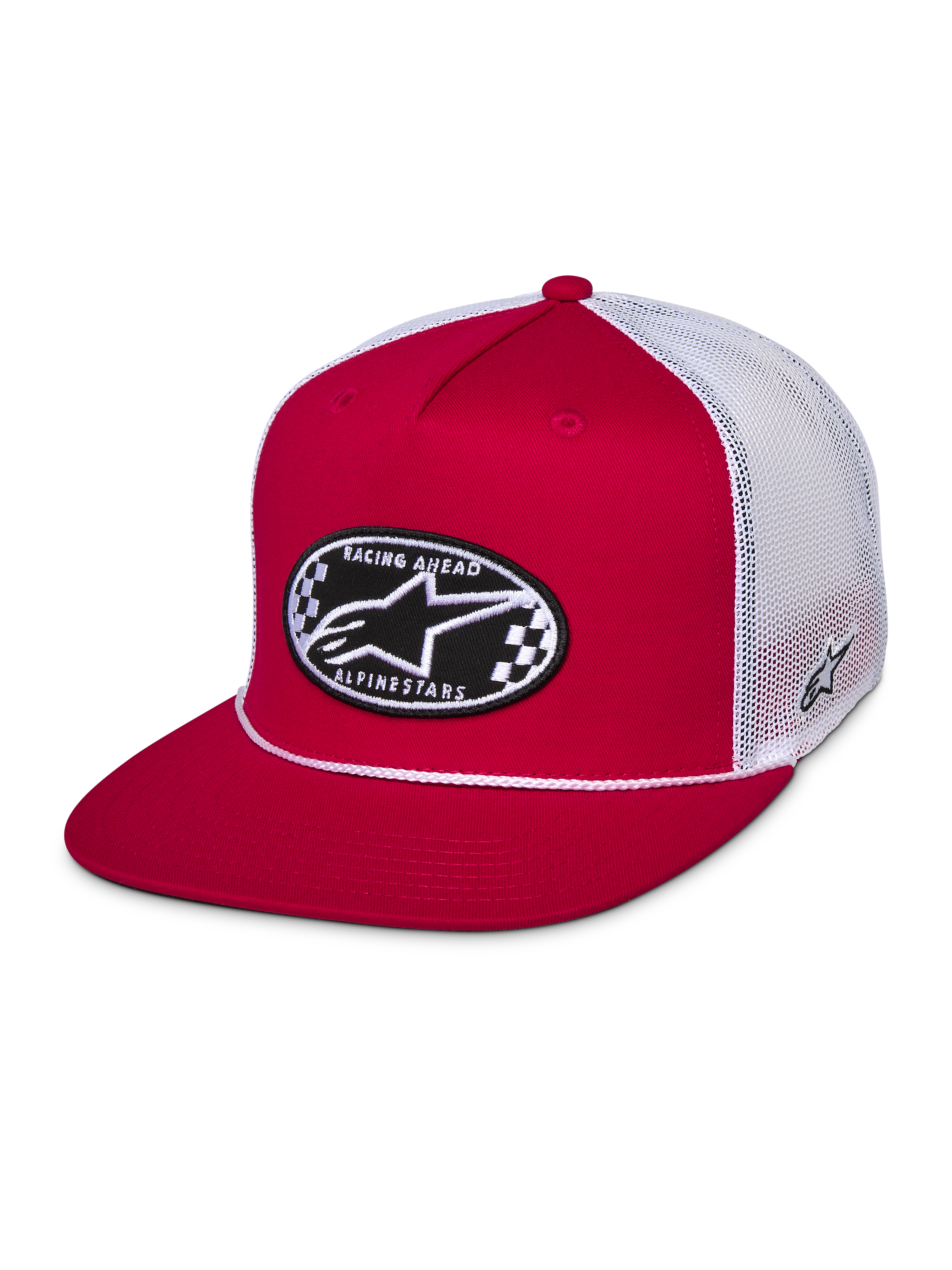 Casquette Trucker Contender Alpinestars, rouge et blanc, snapback à visière plate avec écusson brodé ovale Astars à damier sur le devant, arrière en maille polyester blanche, streetwear motorsport décontracté