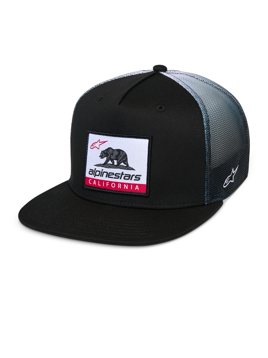 Casquette Trucker Alpinestars Cali Gradient, casquette trucker, noire avec arrière en maille dégradée grise, ornée d'un écusson tissé Cali Bear avec des accents rouges, visière plate, broderie du logo Astars sur le côté, sportswear décontracté