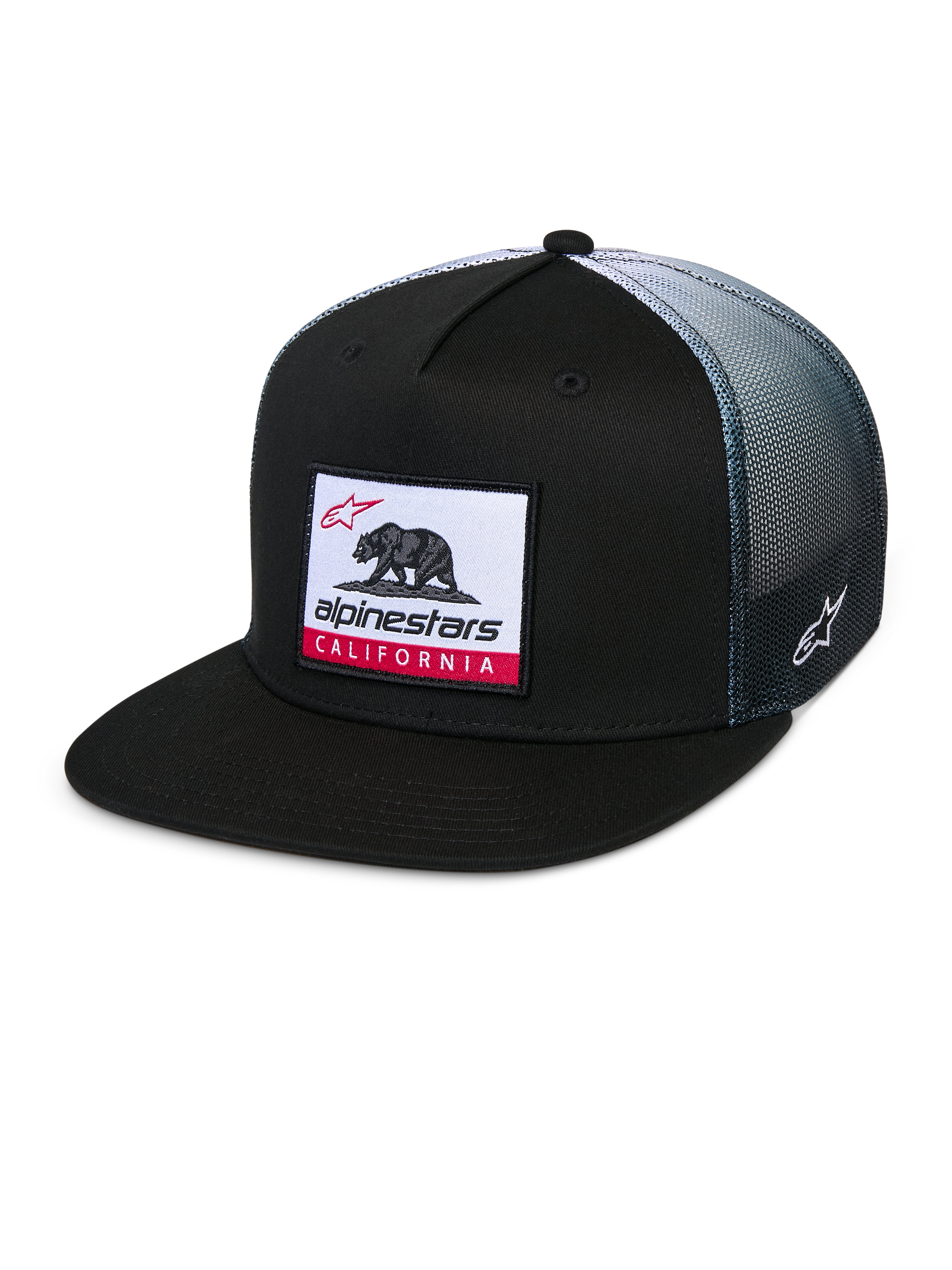 Casquette Trucker Alpinestars Cali Gradient, casquette trucker, noire avec arrière en maille dégradée grise, ornée d'un écusson tissé Cali Bear avec des accents rouges, visière plate, broderie du logo Astars sur le côté, sportswear décontracté