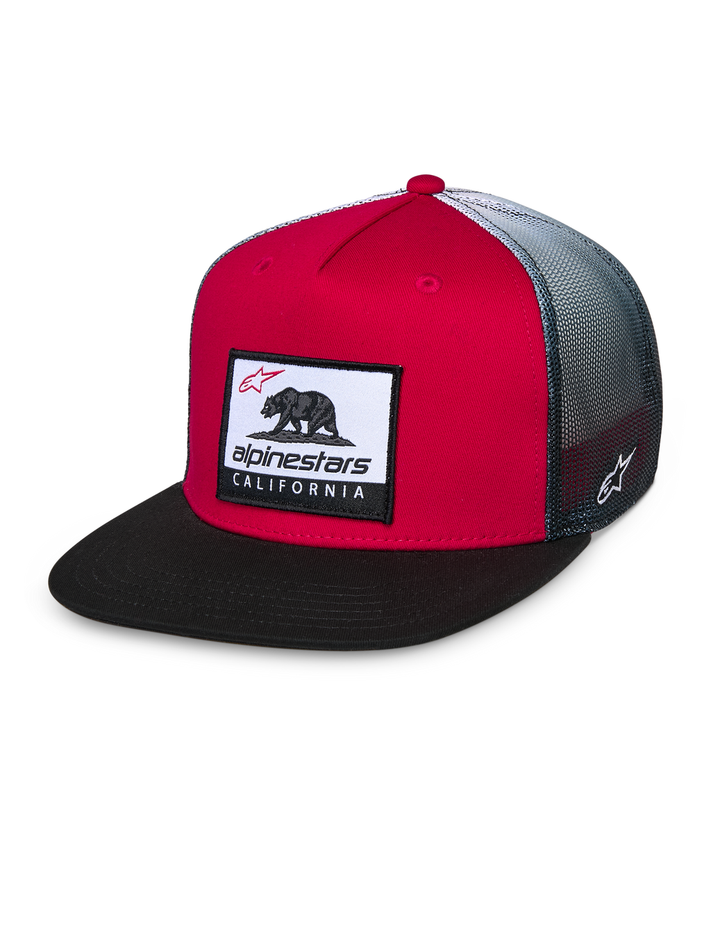 Casquette Trucker Alpinestars Cali Gradient, rouge, noir et blanc, couronne rouge structurée avec visière plate noire, arrière en maille dégradée grise, écusson tissé Cali Bear et broderie du logo sur le côté, couvre-chef motorsport décontracté