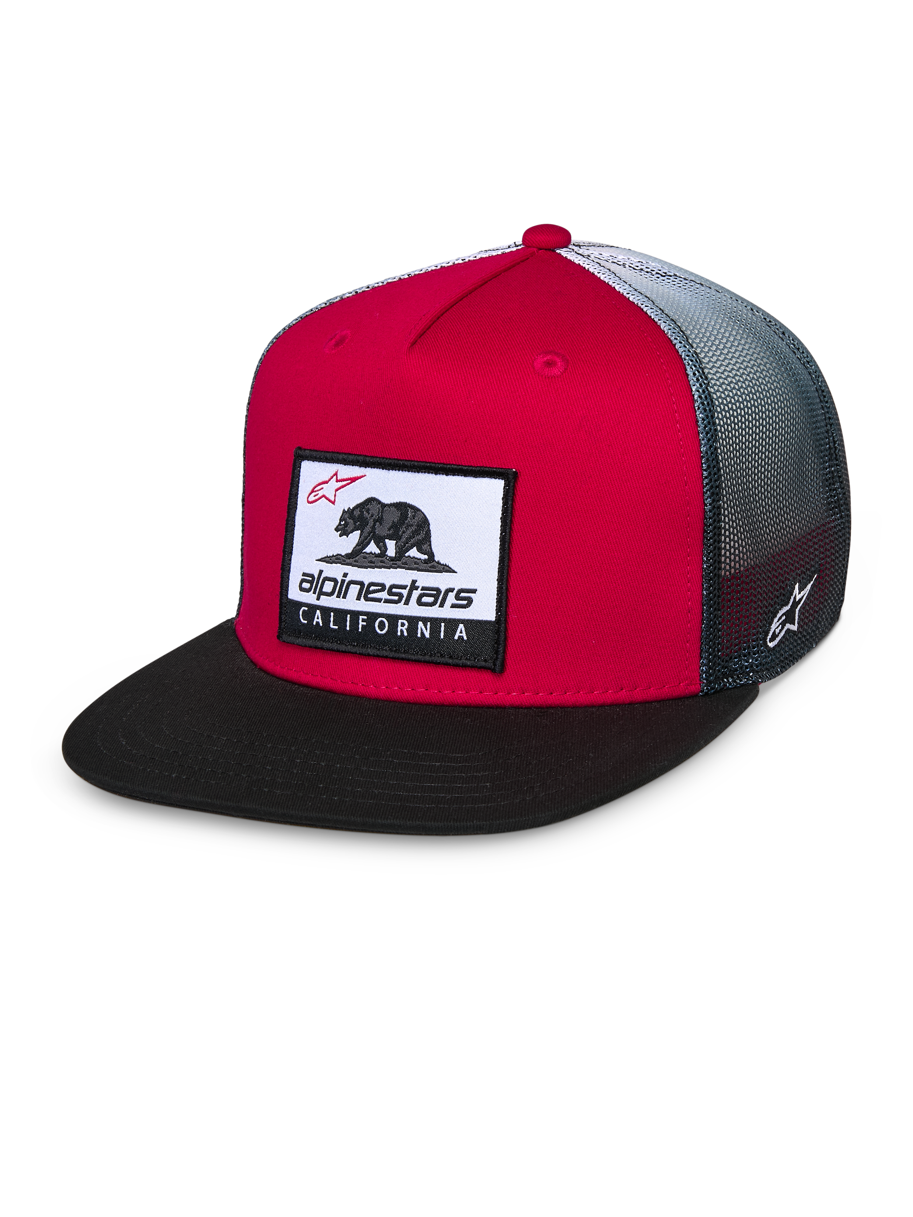 Casquette Trucker Alpinestars Cali Gradient, rouge, noir et blanc, couronne rouge structurée avec visière plate noire, arrière en maille dégradée grise, écusson tissé Cali Bear et broderie du logo sur le côté, couvre-chef motorsport décontracté
