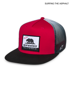 Alpinestars Cali Gradient Trucker Hat, flat bill snapback cap, red, black, and white, featuring a front Cali Bear woven logo patch and breathable mesh back