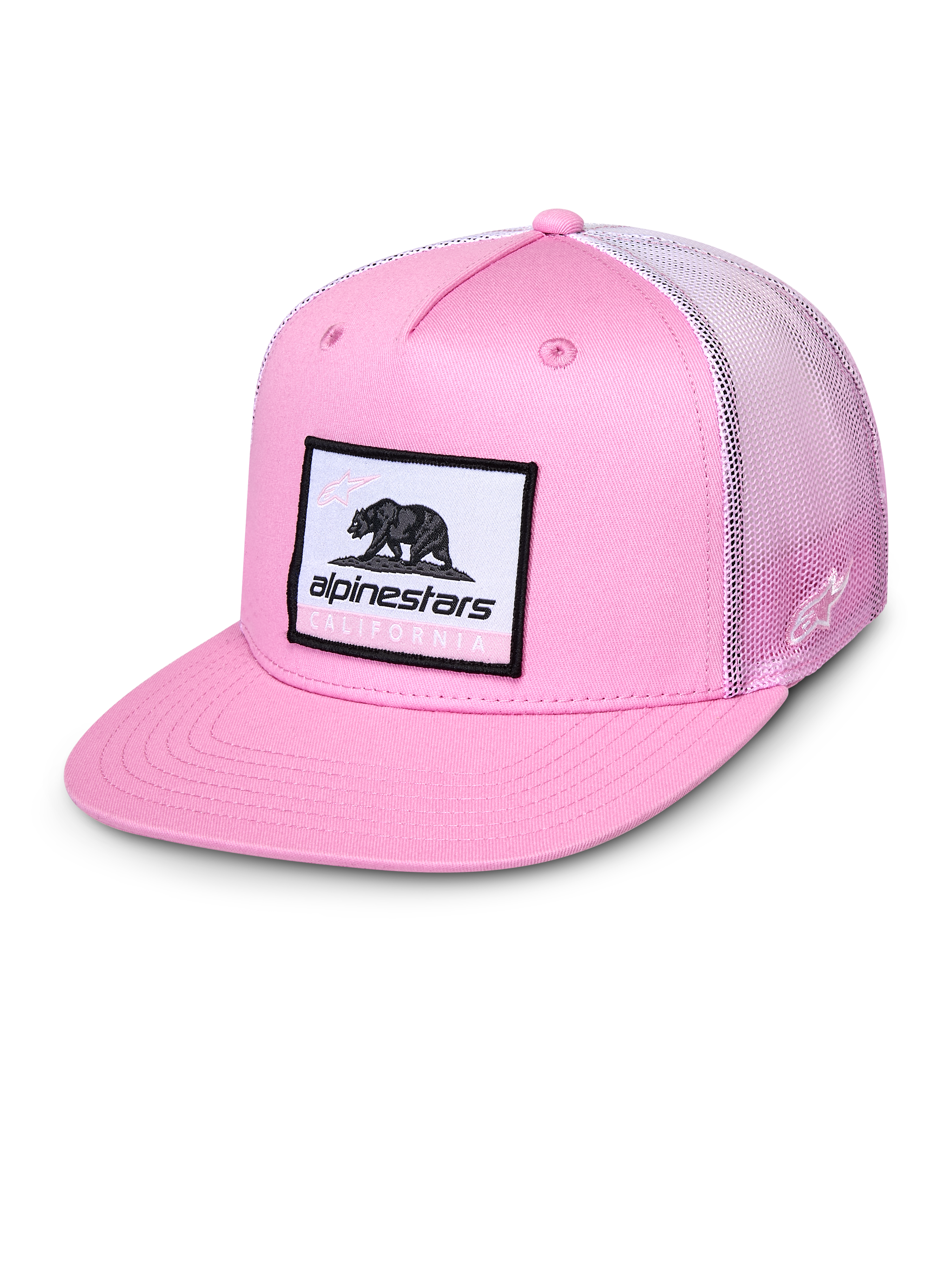 Casquette Trucker Alpinestars Cali Gradient, rose et blanc, casquette à visière plate avec patch Cali Bear tissé, devant en sergé rose et arrière en maille dégradée, couvre-chef sportswear décontracté