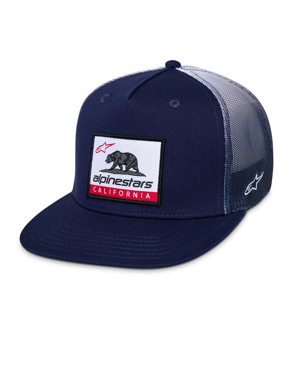 Casquette Trucker Alpinestars Cali Gradient, casquette snapback, bleu marine et blanc, avec visière plate, écusson tissé d'ours de Californie sur le devant, arrière en maille polyester dégradée et logo Astars brodé sur le côté