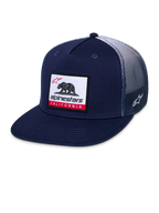 Casquette Trucker Alpinestars Cali Gradient, casquette snapback, bleu marine et blanc, avec visière plate, écusson tissé d'ours de Californie sur le devant, arrière en maille polyester dégradée et logo Astars brodé sur le côté
