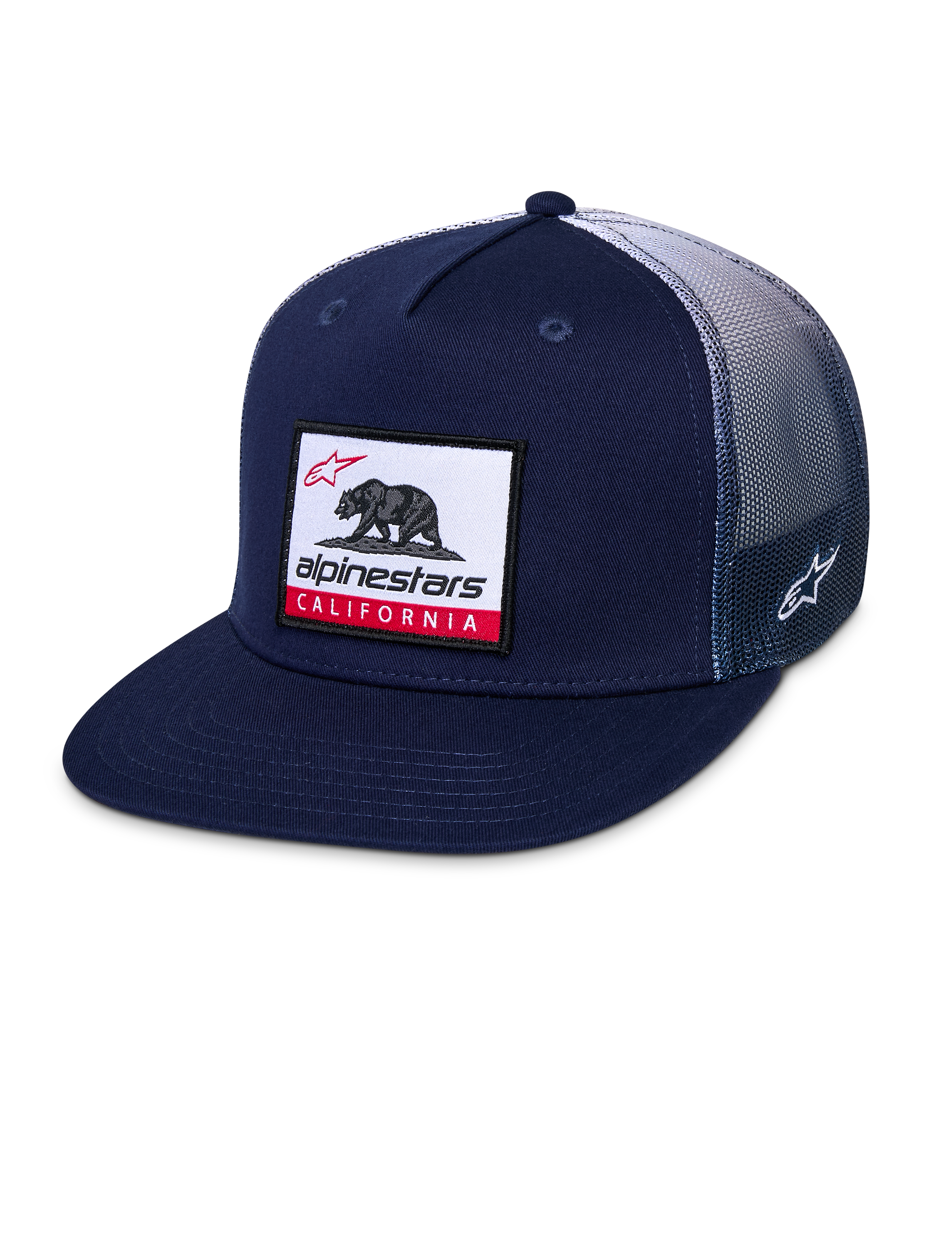 Casquette Trucker Alpinestars Cali Gradient, casquette snapback, bleu marine et blanc, avec visière plate, écusson tissé d'ours de Californie sur le devant, arrière en maille polyester dégradée et logo Astars brodé sur le côté