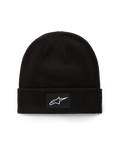 Bonnet Alpinestars Augment Cuff, bonnet en maille jersey tricotée, noir, avec un écusson tissé et logo Astars blanc sur le revers avant, style streetwear motorsport décontracté