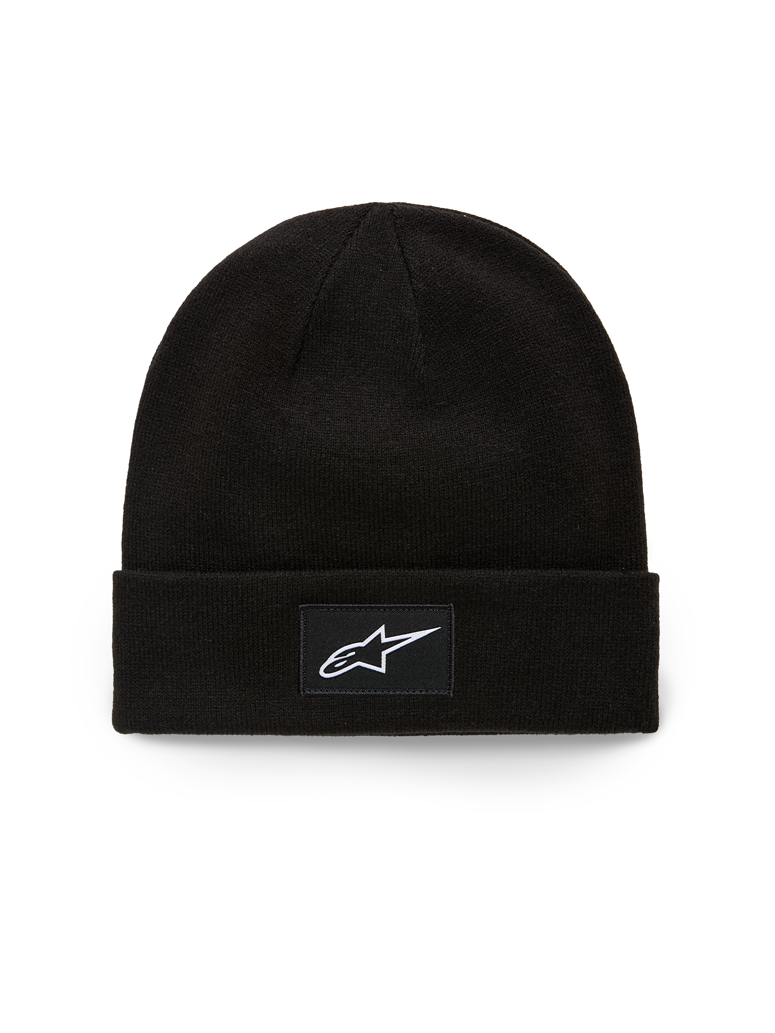 Bonnet Alpinestars Augment Cuff, bonnet en maille jersey tricotée, noir, avec un écusson tissé et logo Astars blanc sur le revers avant, style streetwear motorsport décontracté