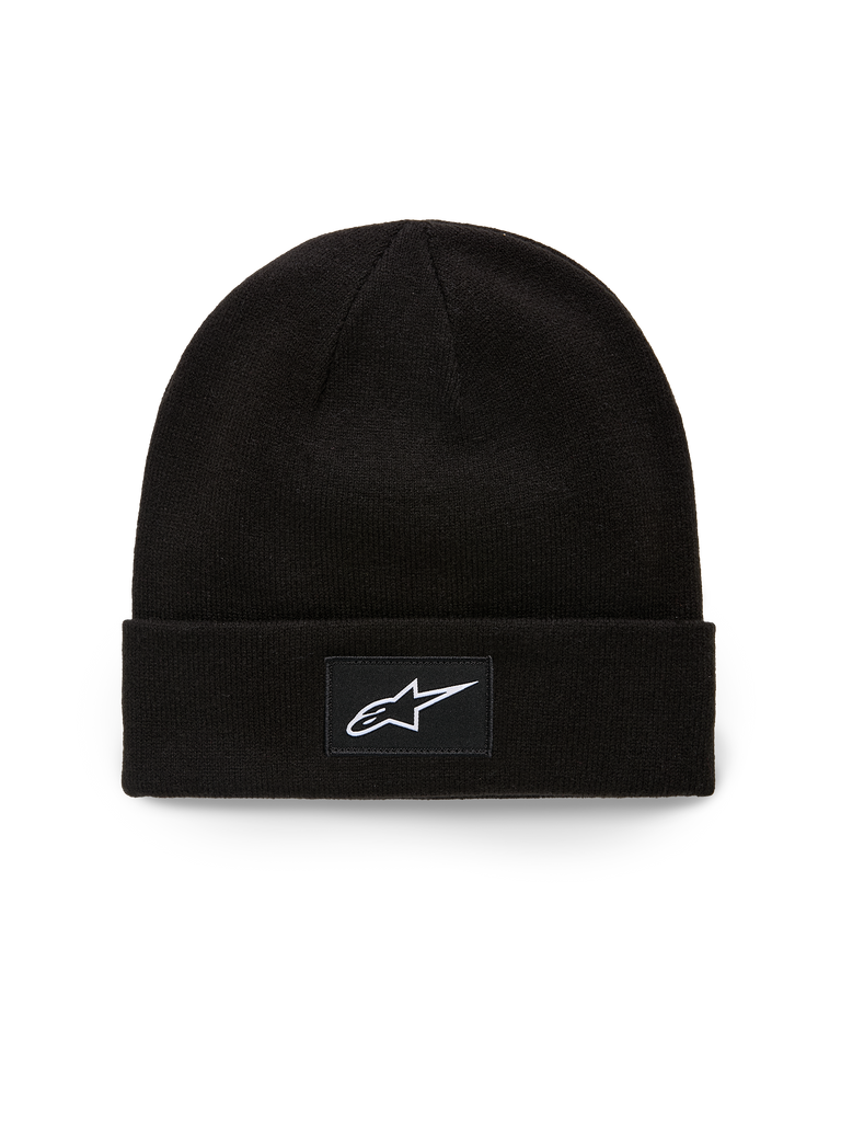 Bonnet Alpinestars Augment Cuff, bonnet en maille jersey tricotée, noir, avec un écusson tissé et logo Astars blanc sur le revers avant, style streetwear motorsport décontracté
