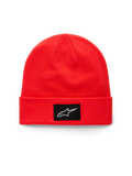 Alpinestars Augment Cuff Beanie, bonnet à revers en maille tricotée rouge vif, avec un écusson tissé noir et un logo Astars blanc, style sportswear décontracté