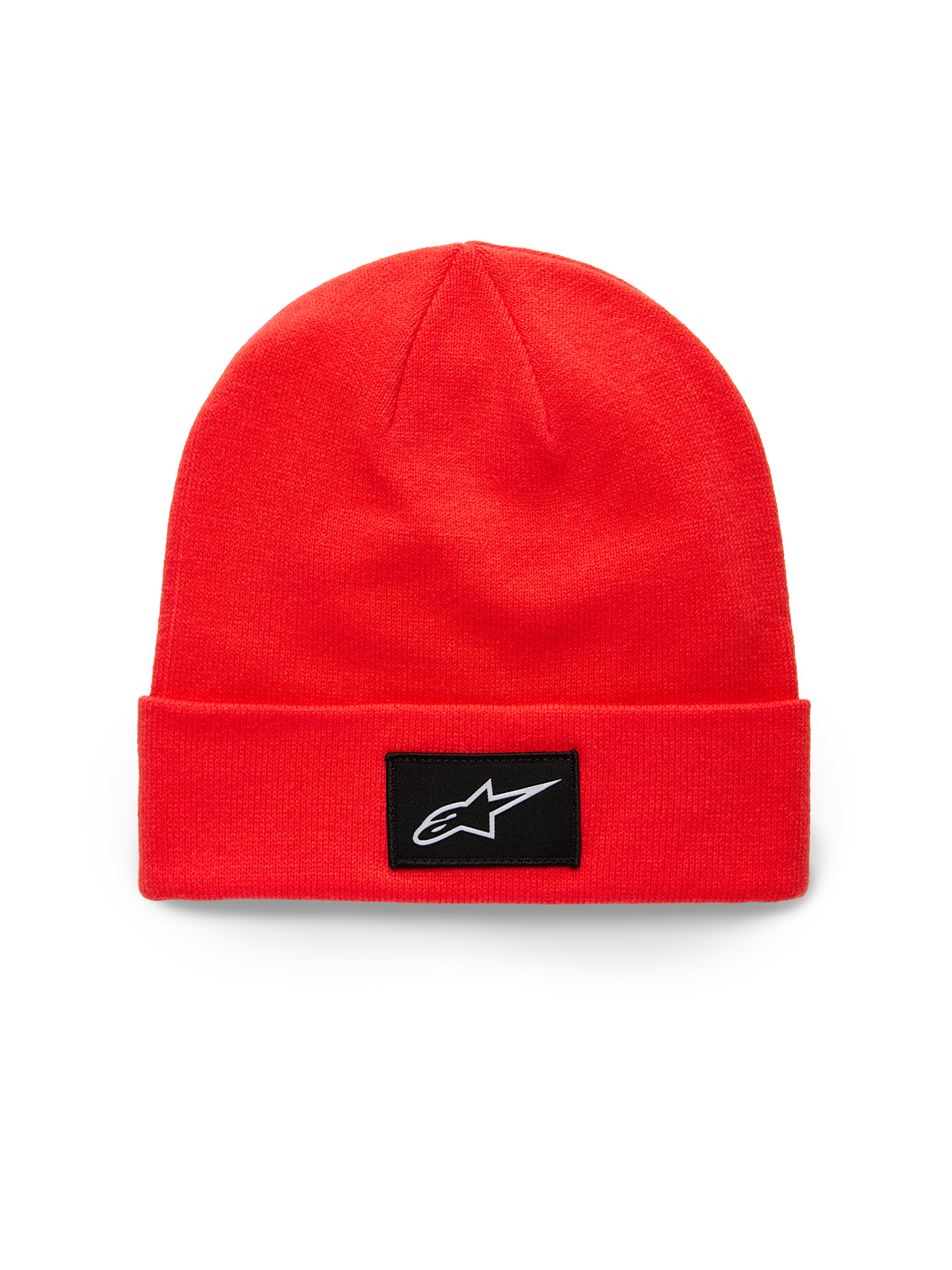 Alpinestars Augment Cuff Beanie, Bright Red cuffed knit beanie, featuring a black woven patch with a white Astars logo, casual sportswear