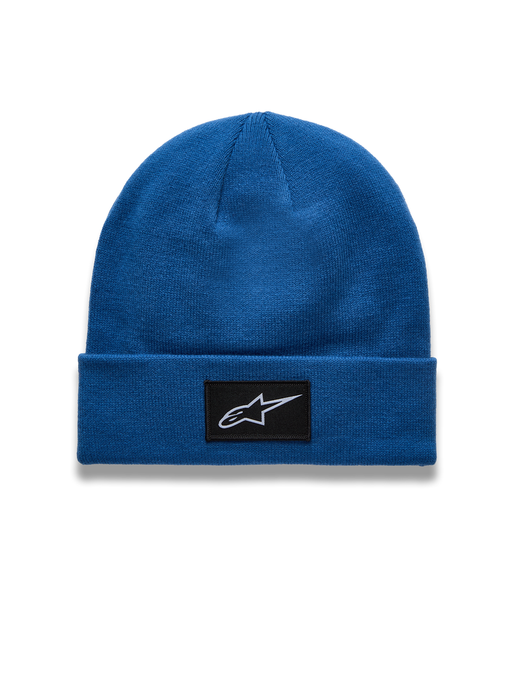 Alpinestars Augment Cuff Beanie, Blue knit jersey sportswear hat featuring a woven black Astars logo patch.