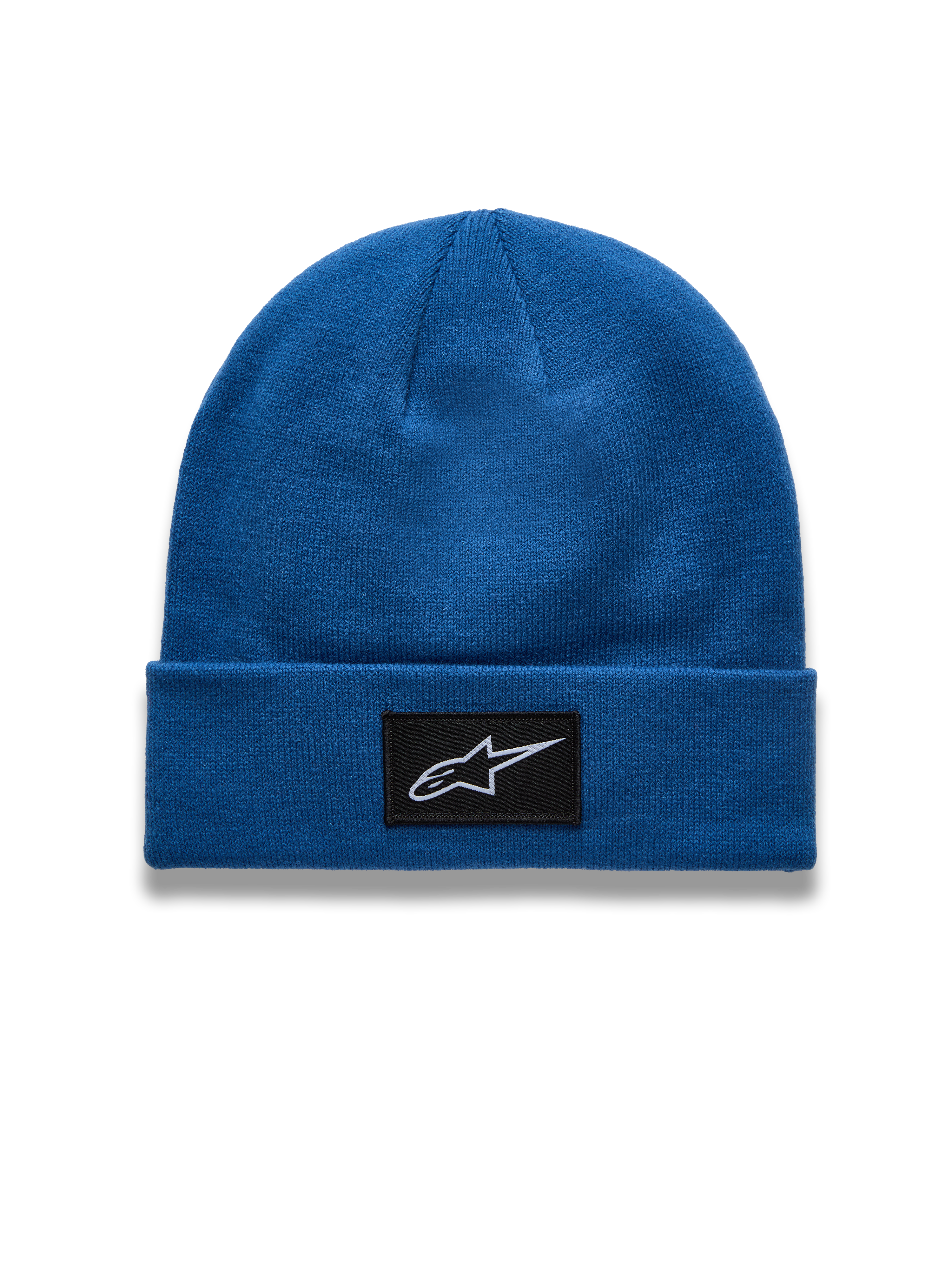Alpinestars Augment Cuff Beanie, Blue knit jersey sportswear hat featuring a woven black Astars logo patch.