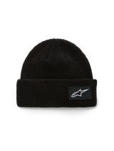 Alpinestars Unload Rib Cuff Beanie, Knit Beanie, Black, featuring a ribbed cuff with a white Astars logo woven patch, shallow fit, casual sportswear