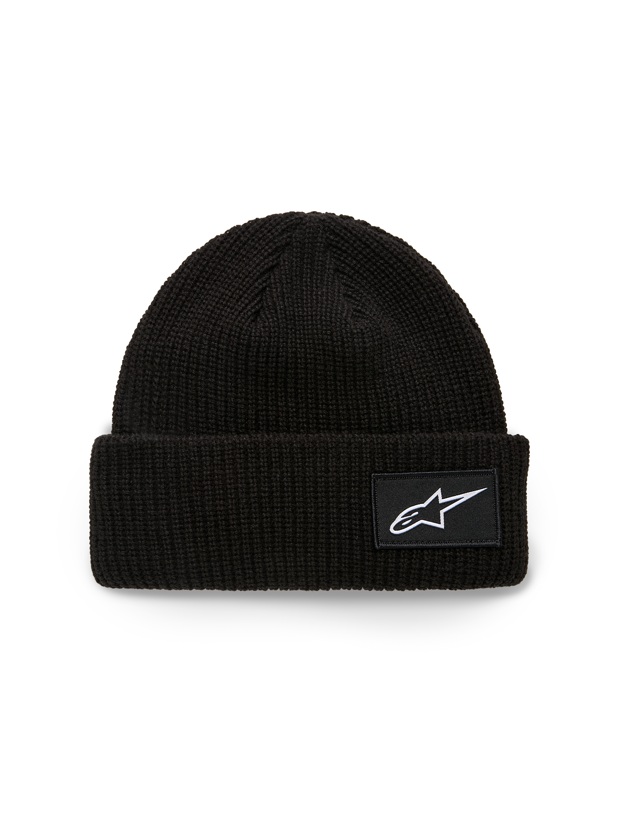 Alpinestars Unload Rib Cuff Beanie, Knit Beanie, Black, featuring a ribbed cuff with a white Astars logo woven patch, shallow fit, casual sportswear