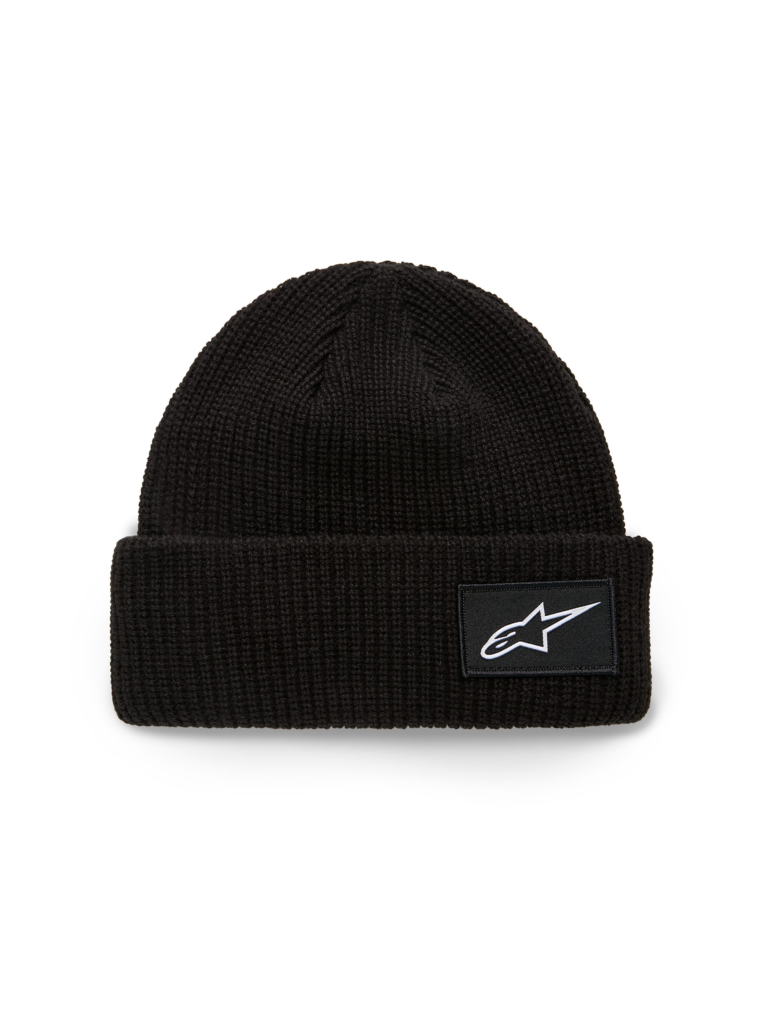 Bonnet Alpinestars Unload Rib Cuff, bonnet en maille, noir, doté d'un revers côtelé avec un écusson tissé du logo Astars blanc, coupe peu profonde, sportswear décontracté