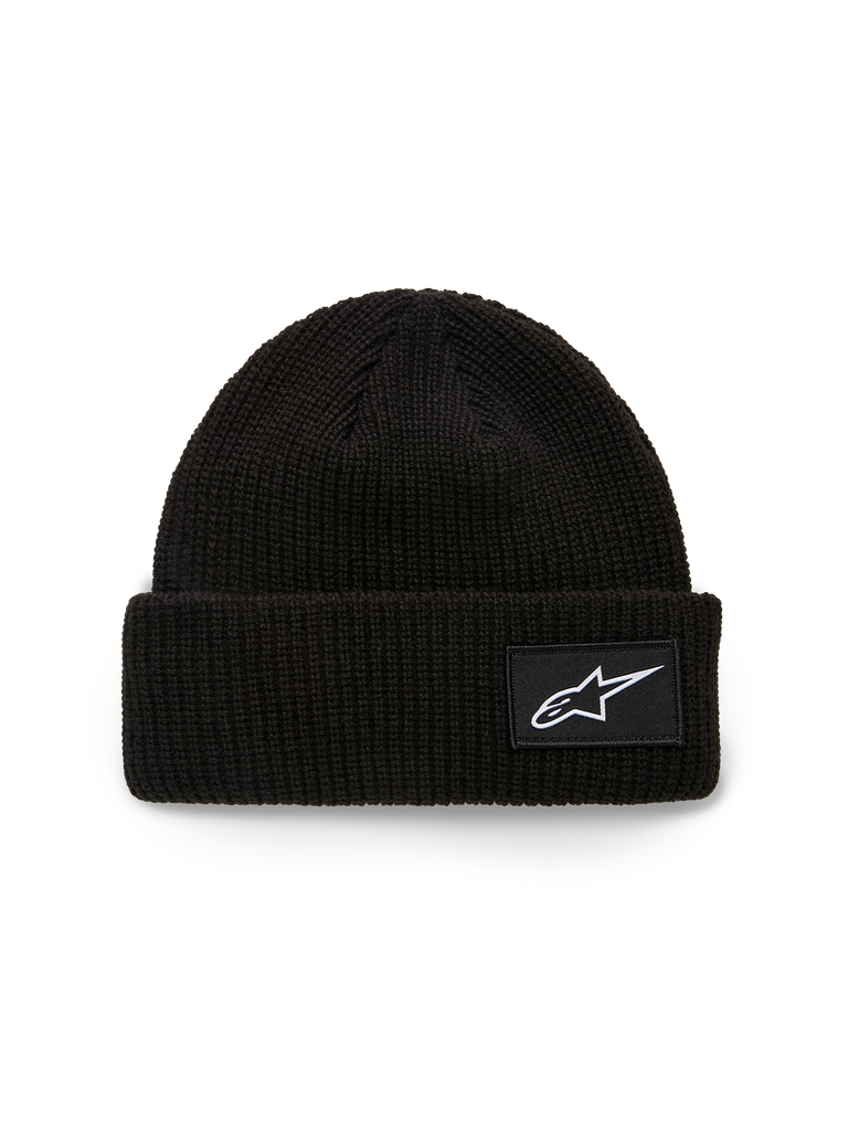 Bonnet Alpinestars Unload Rib Cuff, bonnet en maille, noir, doté d'un revers côtelé avec un écusson tissé du logo Astars blanc, coupe peu profonde, sportswear décontracté