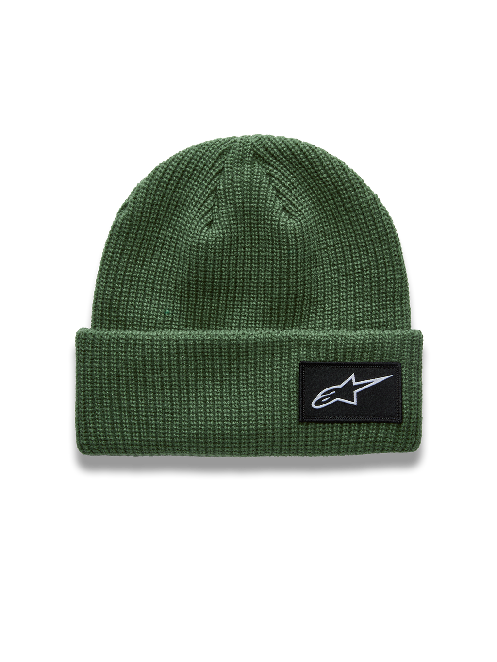 Alpinestars Unload Rib Cuff Bonnet, bonnet de sportswear vert en maille tricotée, écusson logo AStars tissé sur le revers.