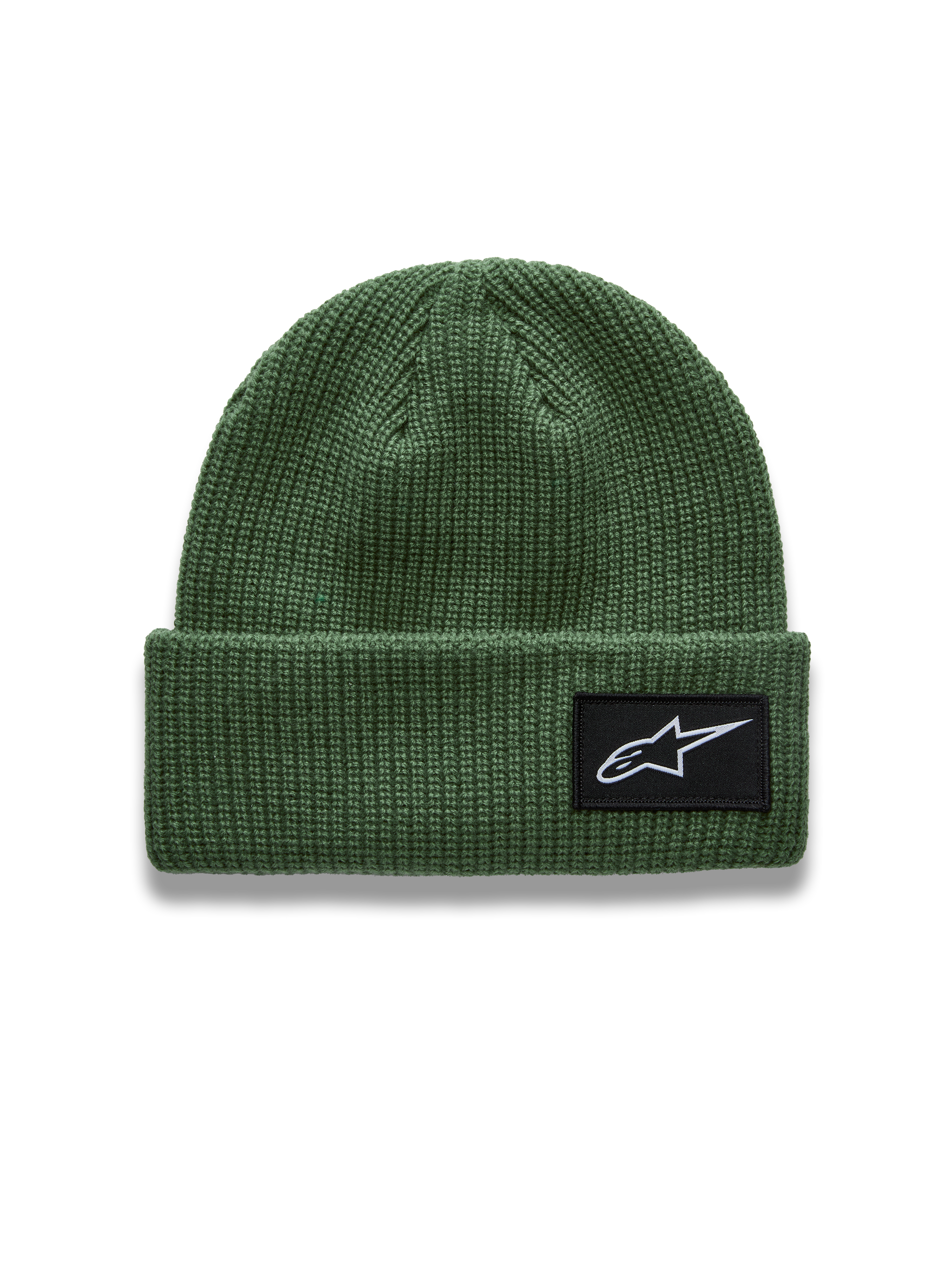 Alpinestars Unload Rib Cuff Bonnet, bonnet de sportswear vert en maille tricotée, écusson logo AStars tissé sur le revers.