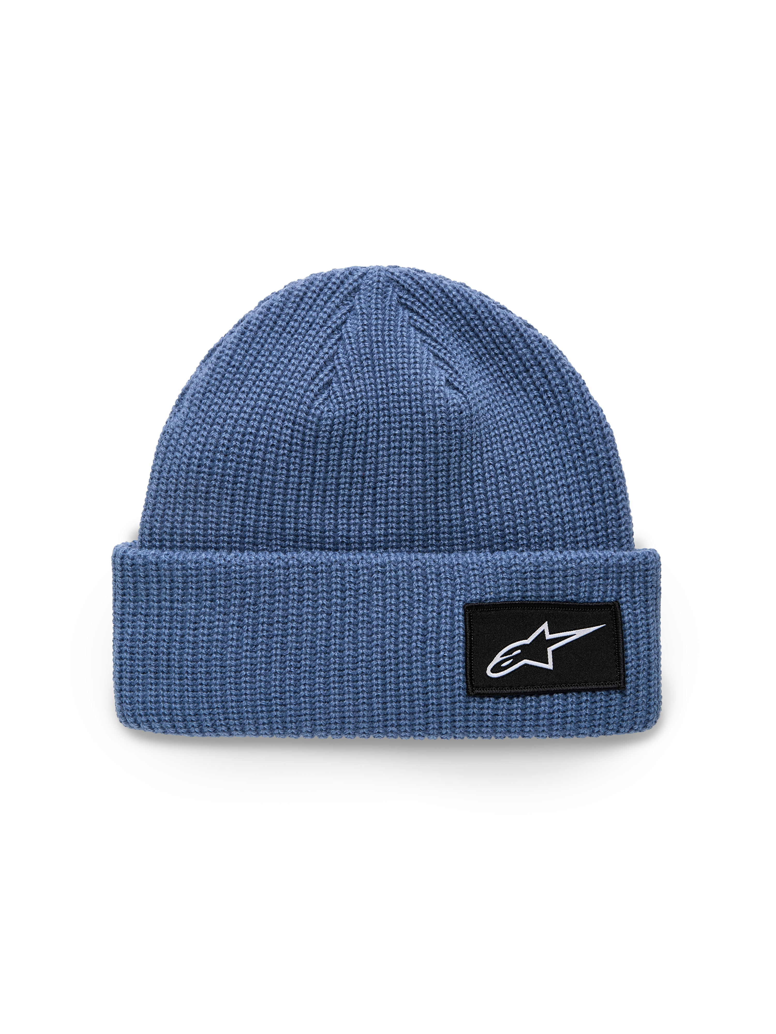 Bonnet Alpinestars Unload Rib Cuff, bleu, construction en maille jersey tricotée, coupe peu profonde avec revers, écusson tissé noir avec logo Astars blanc, accessoire sportswear décontracté