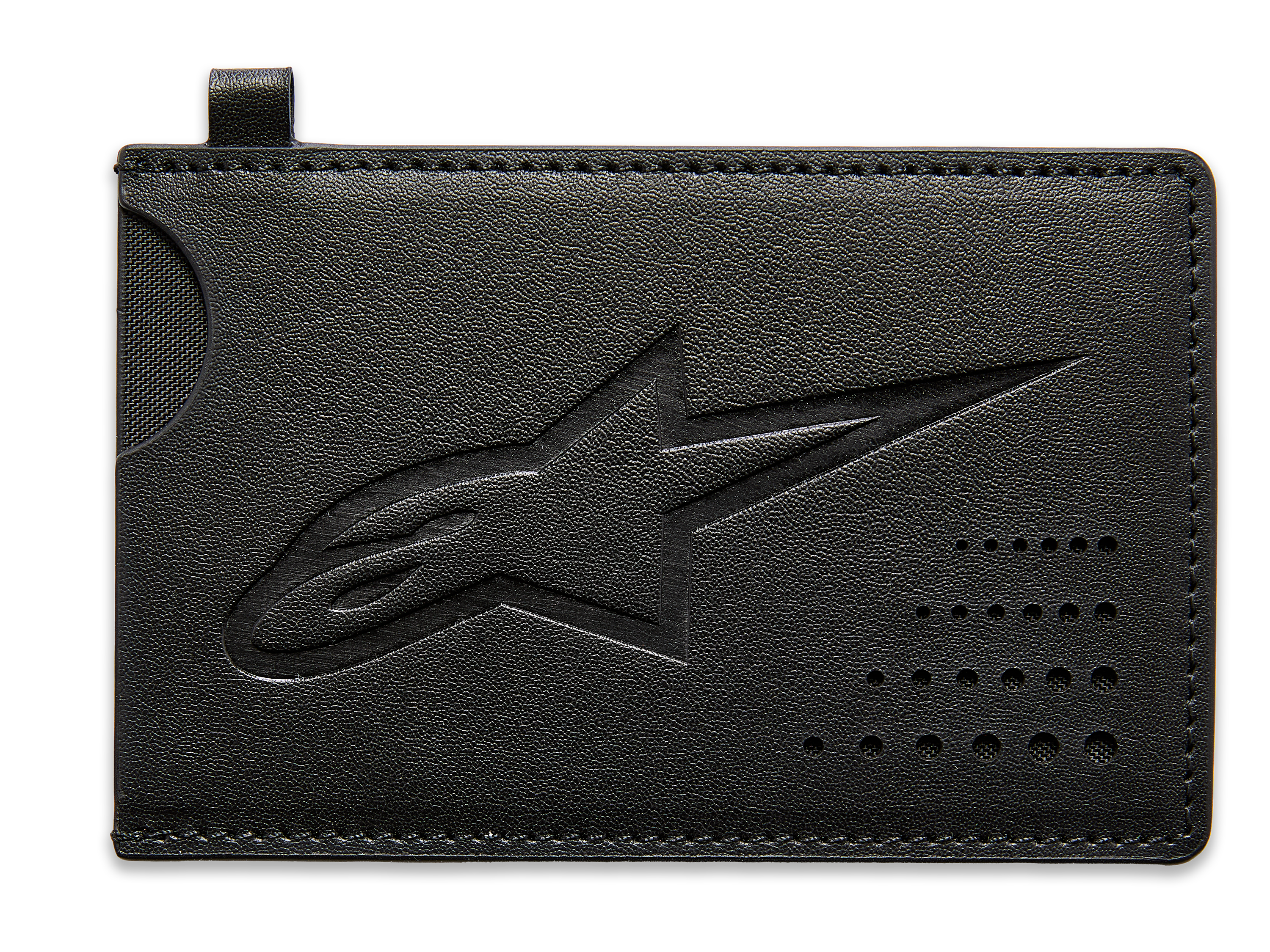 Porte-cartes Alpinestars Ageless, étui à cartes noir en cuir fendu, logo Astars en relief, encoche incurvée pour faciliter le retrait des cartes, détails de points perforés, accessoire fin inspiré du sport automobile