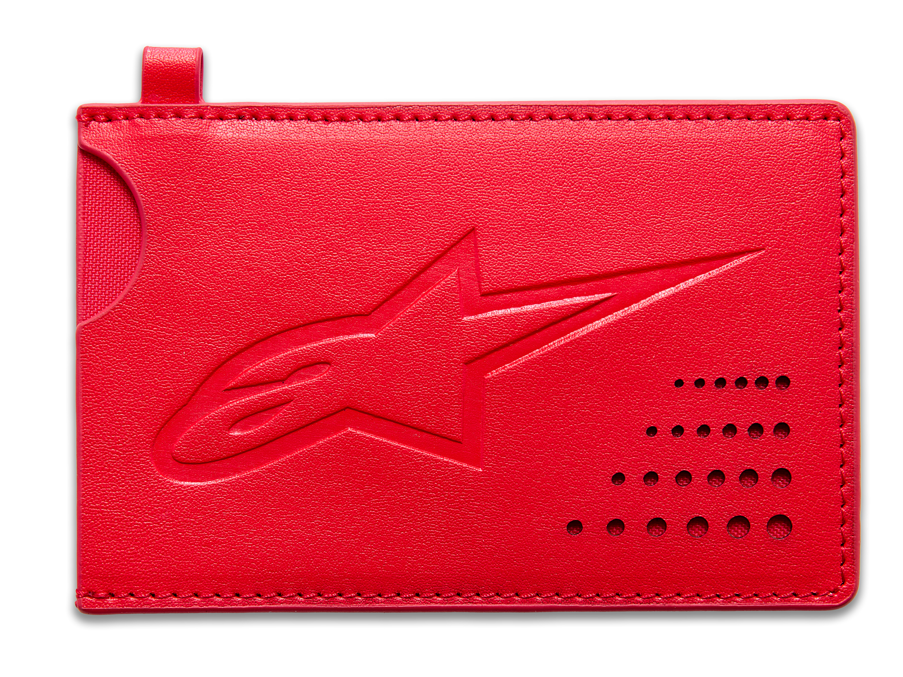 Porte-cartes de crédit Alpinestars Ageless, rouge, portefeuille classique en cuir fendu, logo Astars en relief, encoche courbe, détail de coin perforé, accessoire mince et minimaliste