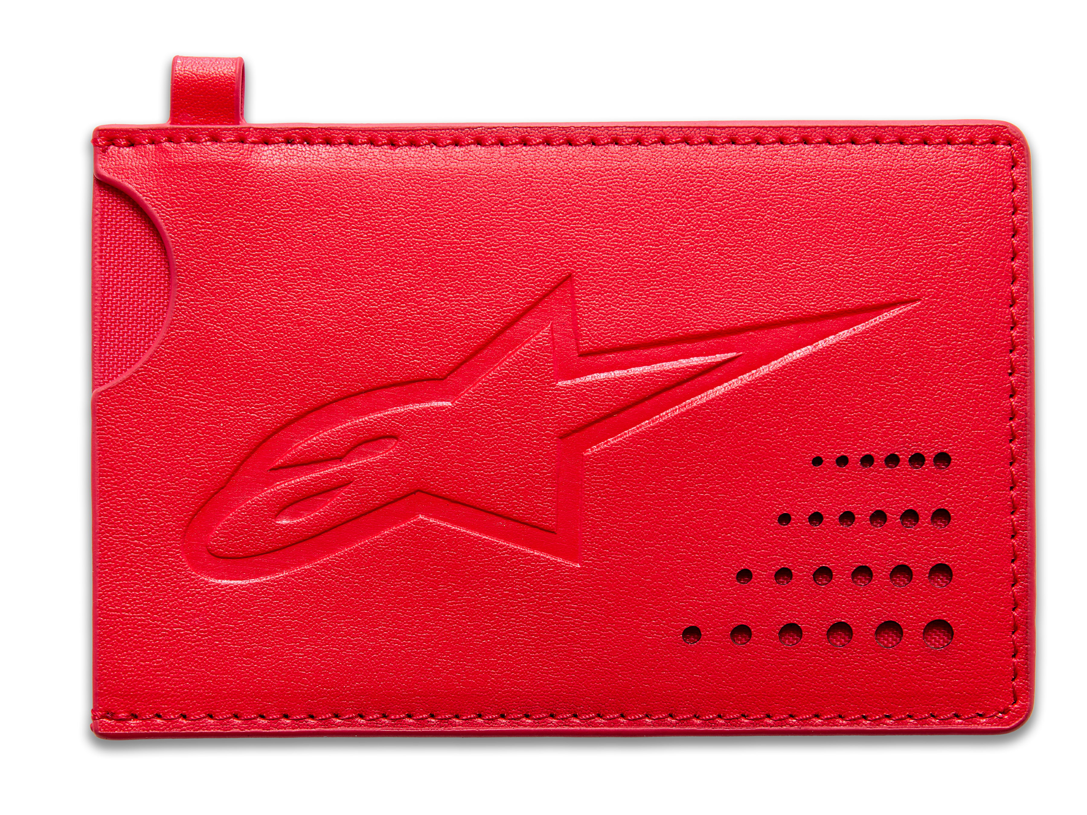 Alpinestars Porte-Cartes De Crédit Ageless, portefeuille minimaliste en cuir rouge avec logo en relief et encoche courbe pour l'accès aux cartes.