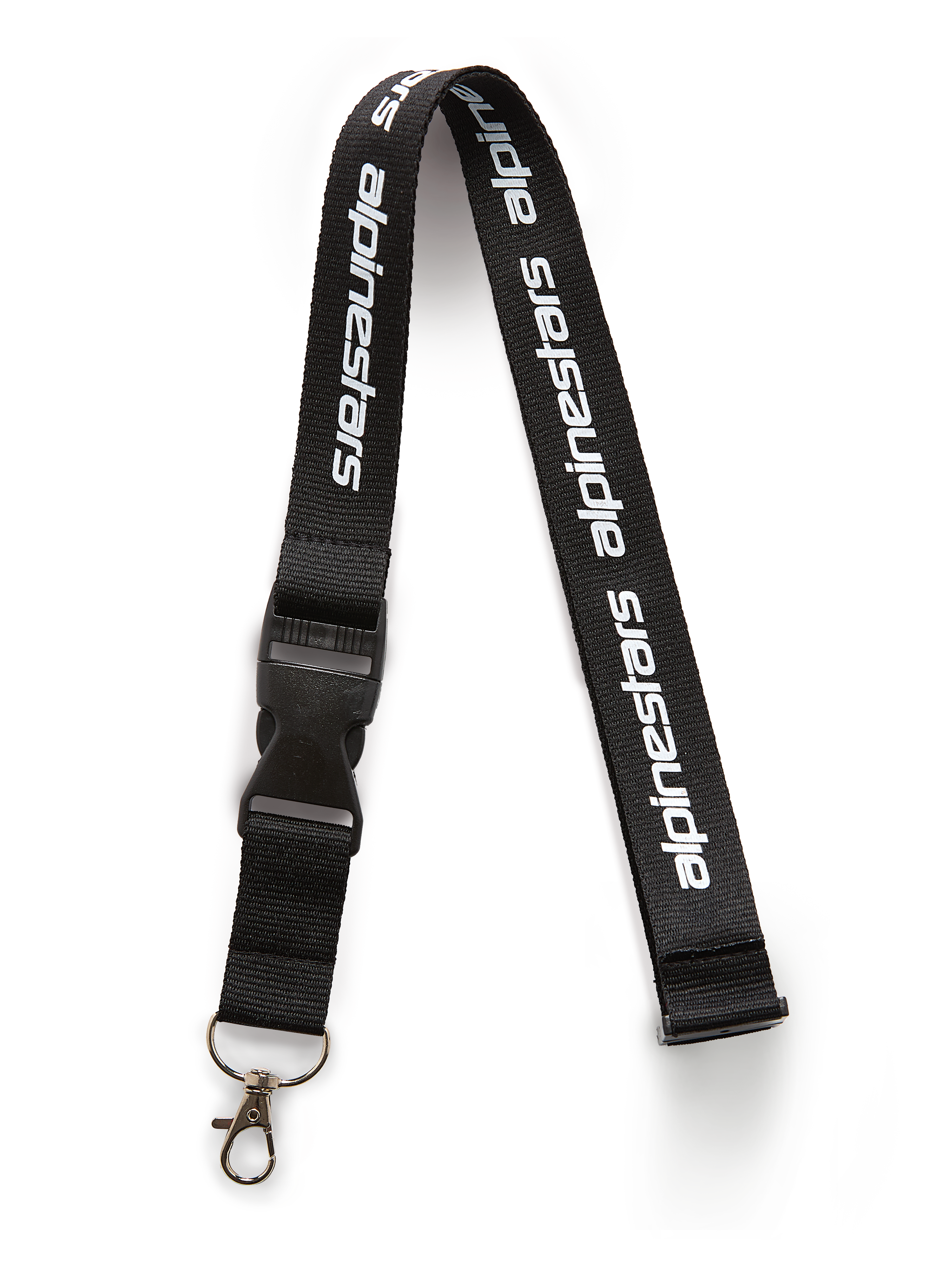 Cordon Alpinestars Linear, noir et blanc, sangle noire avec logo Alpinestars imprimé en blanc, doté d'une boucle détachable en plastique noir et d'un crochet pivotant en métal, accessoire sportswear décontracté