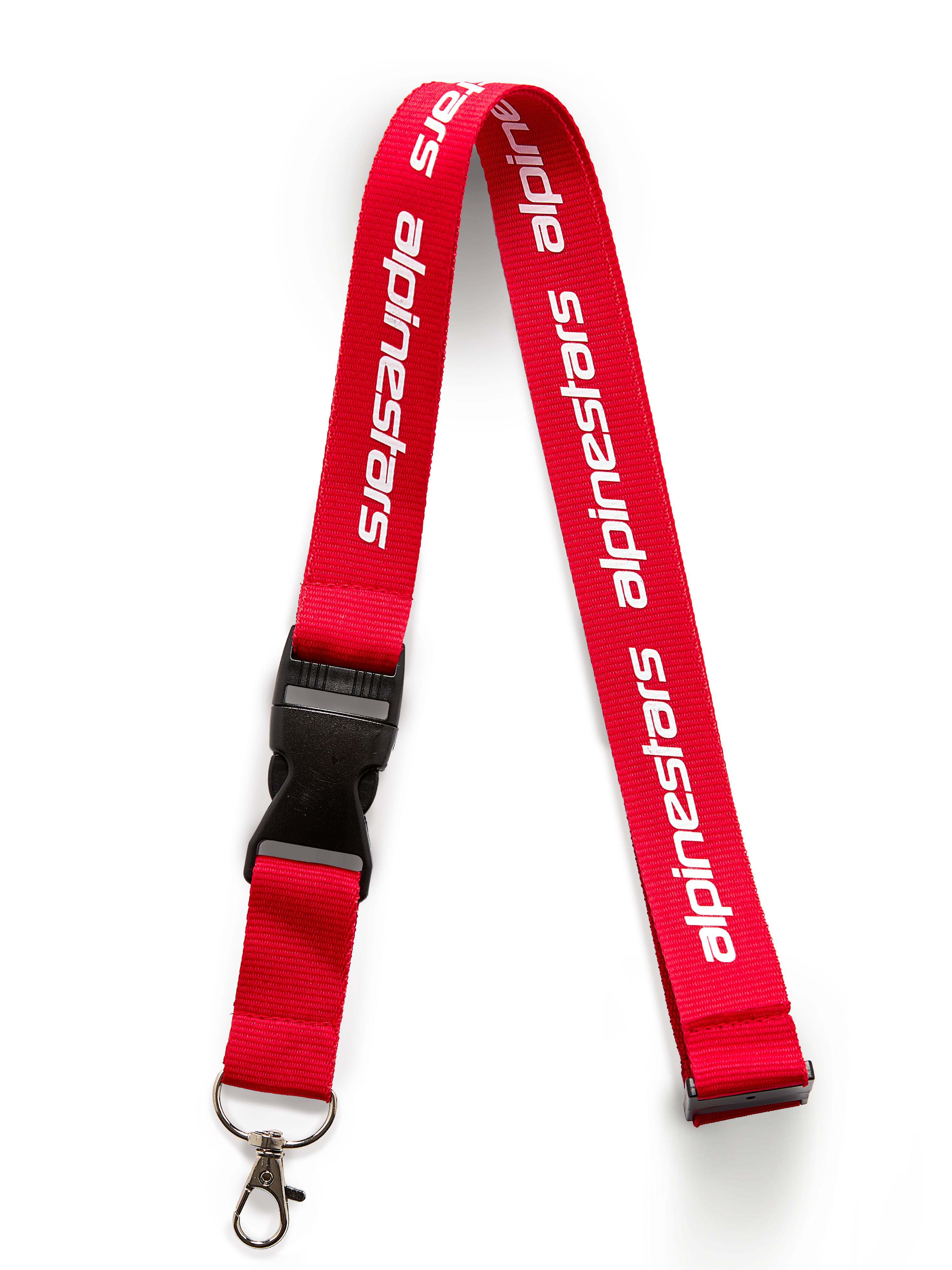 Cordon Alpinestars Linear, rouge et blanc, avec logo Alpinestars imprimé, clip de sécurité noir et mousqueton pivotant amovible en métal, accessoire inspiré du sport automobile