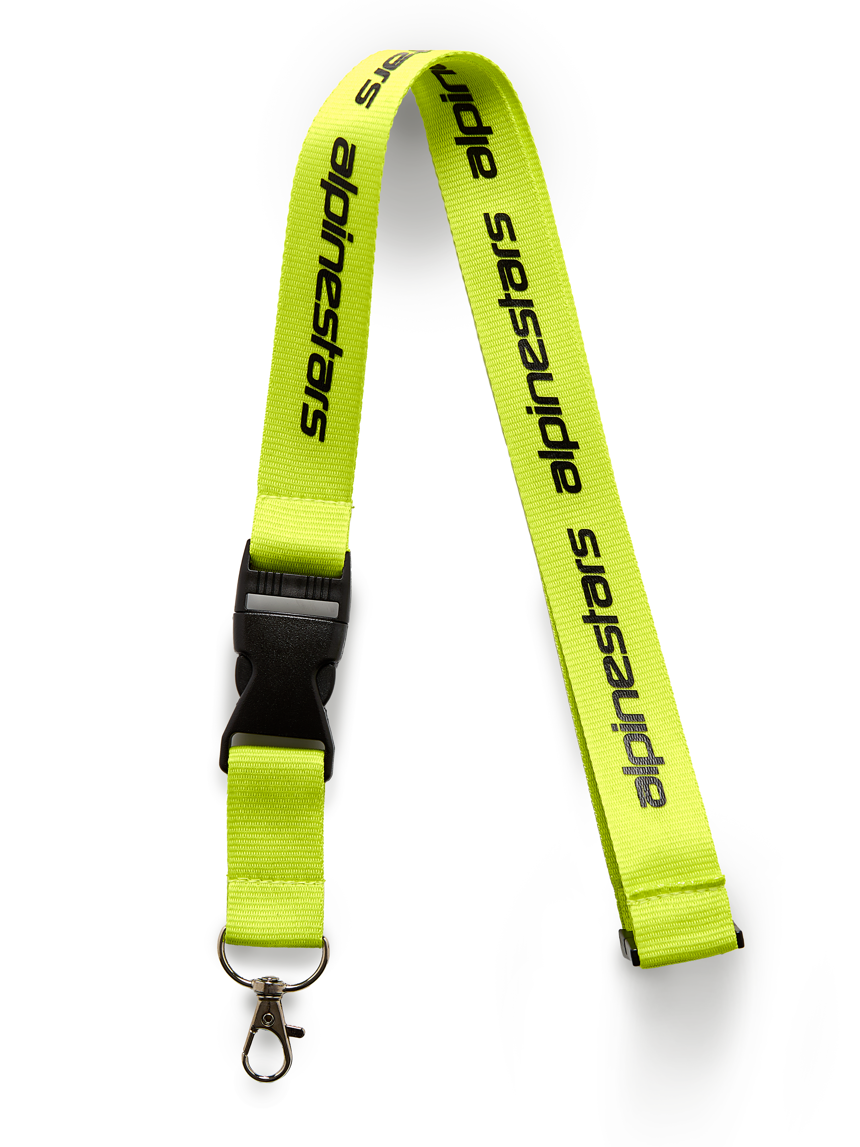 Cordon Alpinestars Linear, jaune fluo avec logo imprimé noir, doté d'une boucle détachable en plastique noir et d'un clip pivotant en métal, tour de cou en polyester de 20 pouces, accessoire inspiré des sports mécaniques