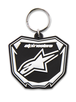 Alpinestars Plate Keyfob, 3D molded keychain, Black and White, featuring Astars MX plate graphic with white logo and text, silver metal snap ring, motorsport-inspired accessory
