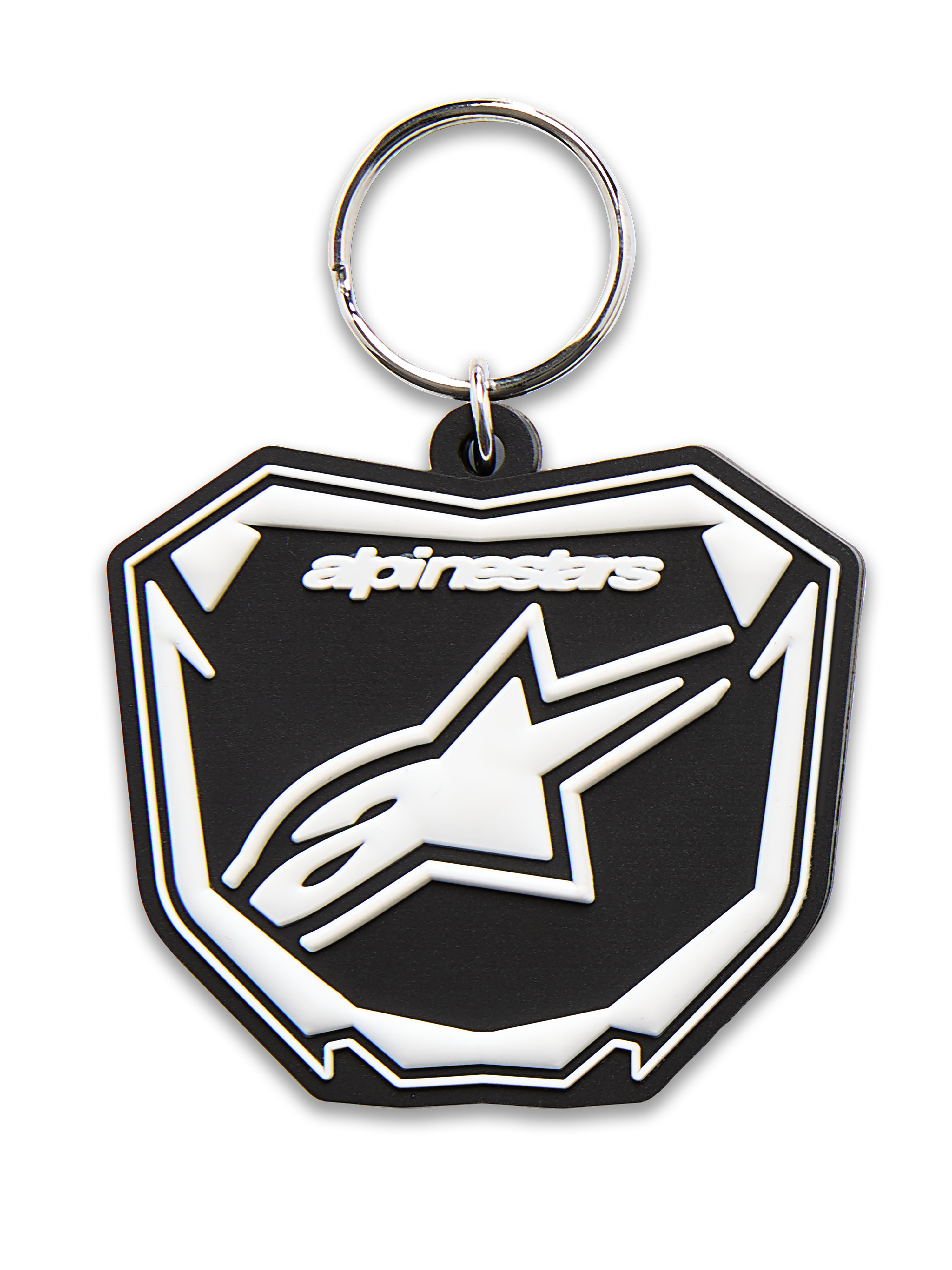 Porte-clés Plate Alpinestars, porte-clés moulé en 3D, noir et blanc, avec graphique de plaque Astars MX, logo et texte blancs, anneau à pression en métal argenté, accessoire inspiré du sport automobile