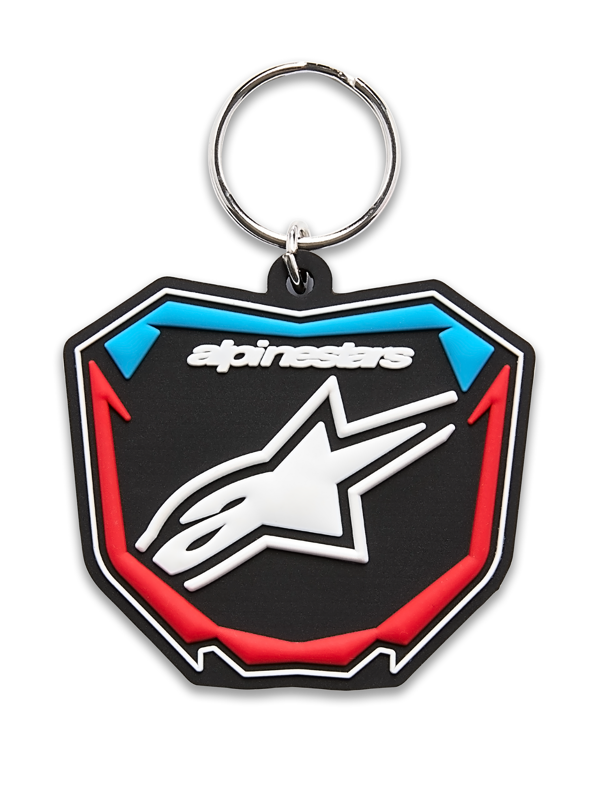 Alpinestars Plate Keyfob, 3D molded keychain, Black Blue and Red, shield-shaped motocross plate design with white star logo and metal ring, casual motorsport accessory