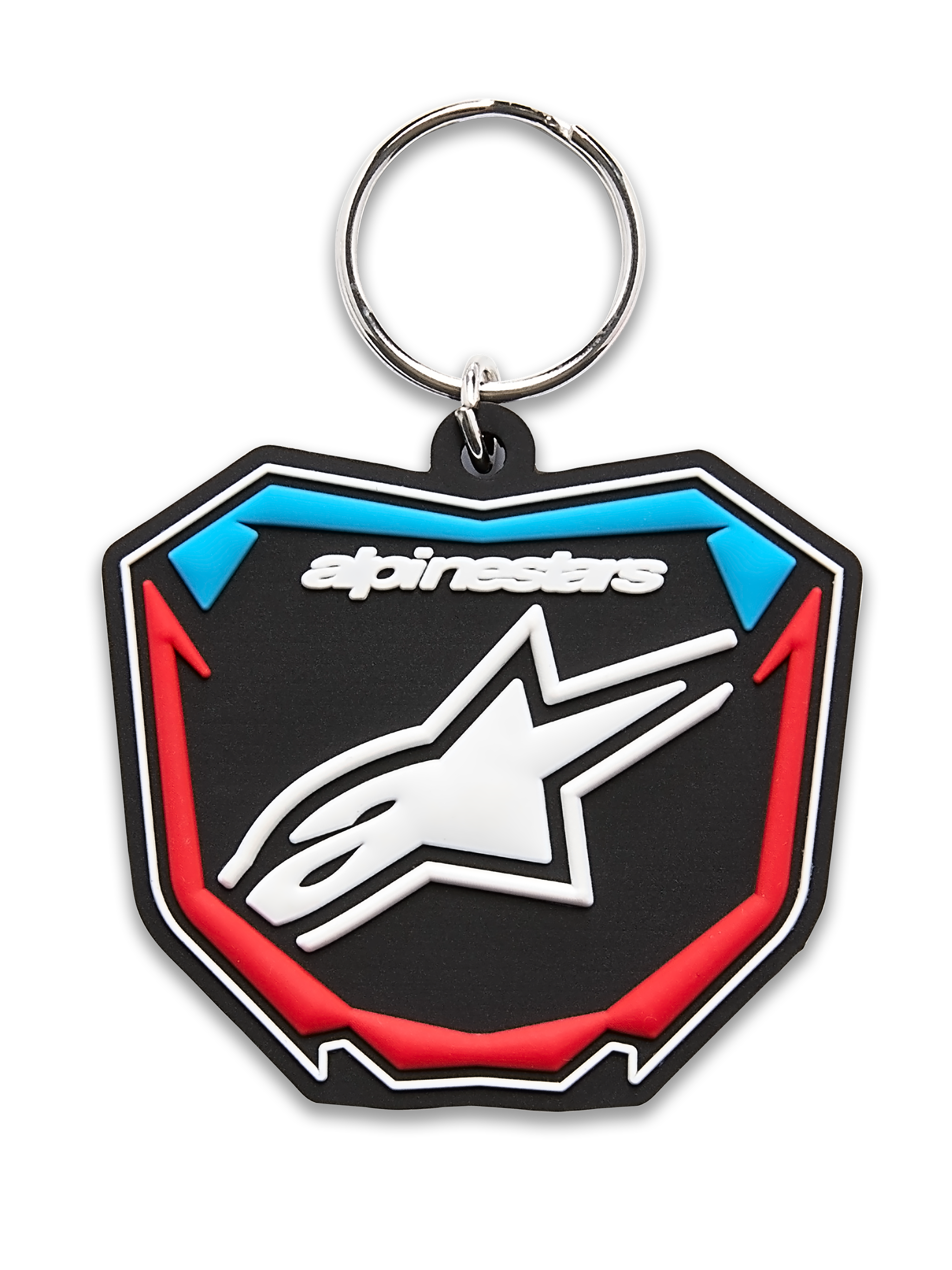 Porte-clés Plate Alpinestars, porte-clés moulé en 3D, noir, bleu et rouge, design en forme de plaque de motocross avec logo étoile blanc et anneau en métal, accessoire de sport mécanique décontracté