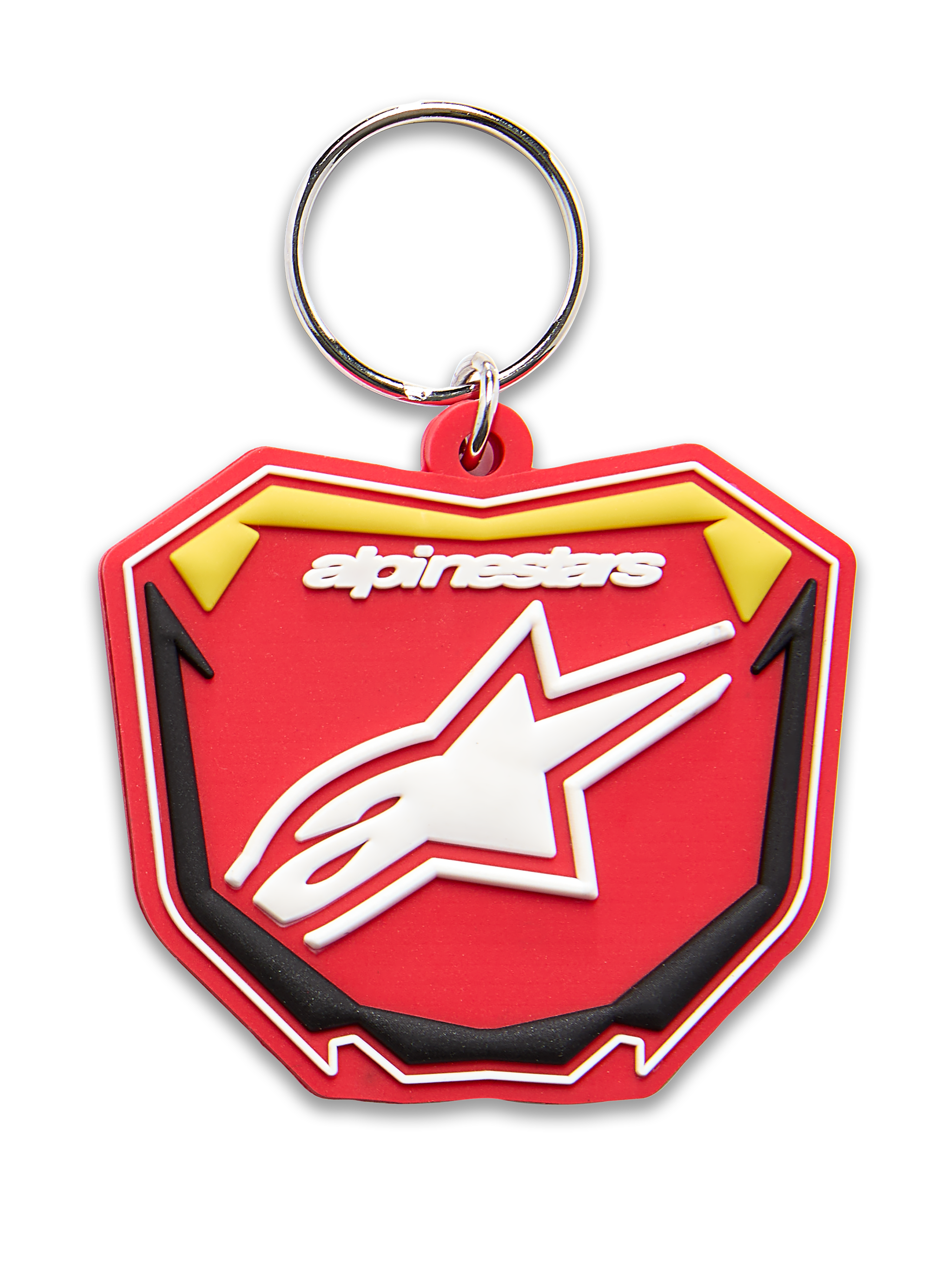 Porte-clés Alpinestars Plate, porte-clés moulé en 3D, rouge, jaune et noir, logo Alpinestars blanc et symbole d'étoile Astars, anneau à pression en métal argenté, design de plaque MX inspiré du motocross
