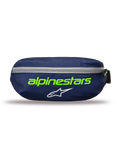 Sac banane Alpinestars Only Linear, sacoche de taille bleu marine et vert, bleu foncé avec texte Alpinestars vert vif et logo étoile blanc, fermeture éclair grise horizontale, conception en polyester durable, accessoire compact pour un usage quotidien