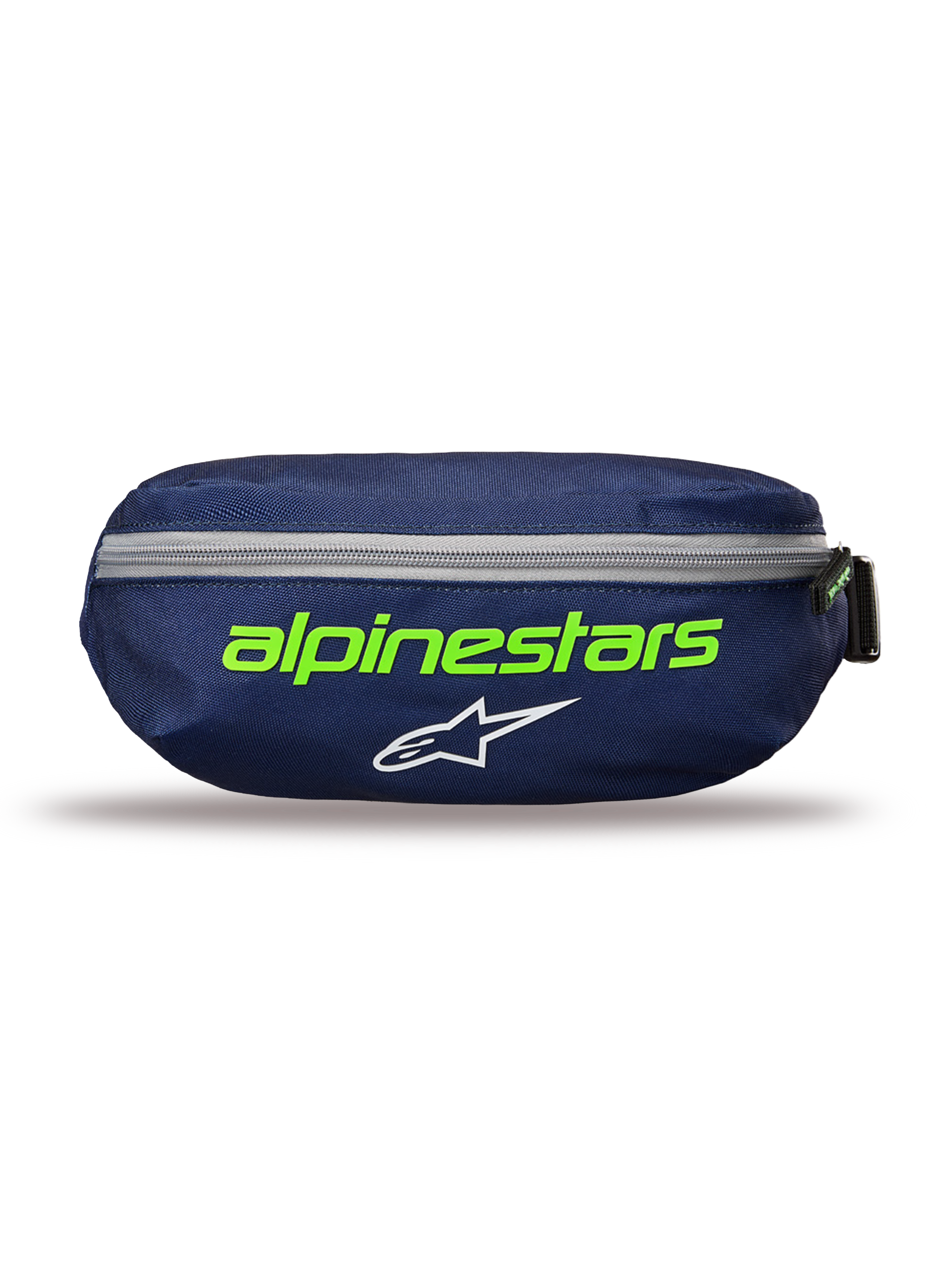 Sac banane Alpinestars Only Linear, sacoche de taille bleu marine et vert, bleu foncé avec texte Alpinestars vert vif et logo étoile blanc, fermeture éclair grise horizontale, conception en polyester durable, accessoire compact pour un usage quotidien