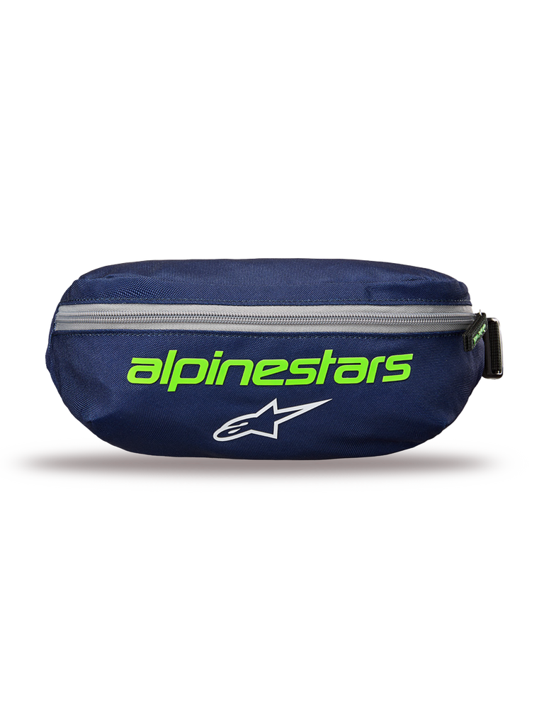 Alpinestars Only Linear Hip Bag, Navy Green waist pack, dark blue with bright green Alpinestars text and white star logo, horizontal gray zipper, durable polyester construction, compact accessory for everyday use.