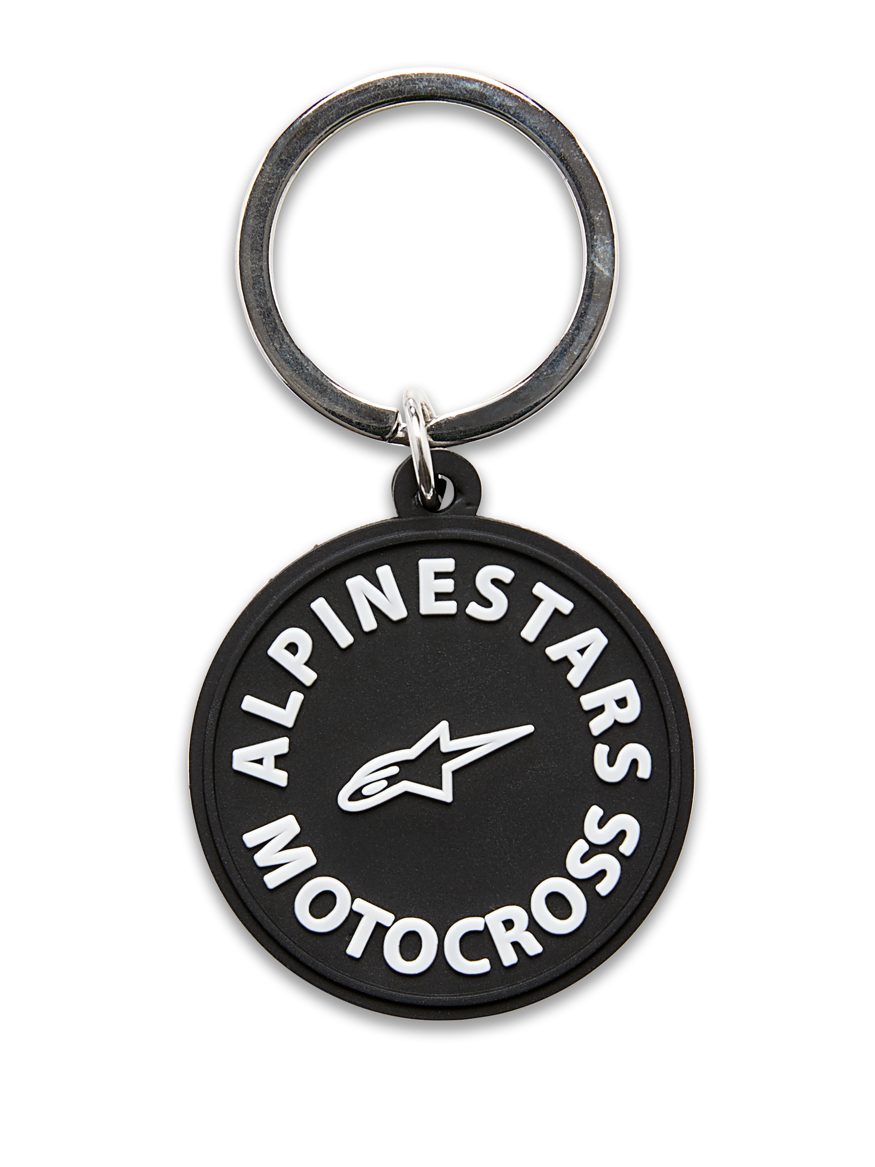 Porte-clés Alpinestars MX, porte-clés circulaire moulé en 3D, noir avec graphismes Alpinestars Motocross blancs et logo étoile, anneau à pression en métal argenté, accessoire durable pour un usage quotidien