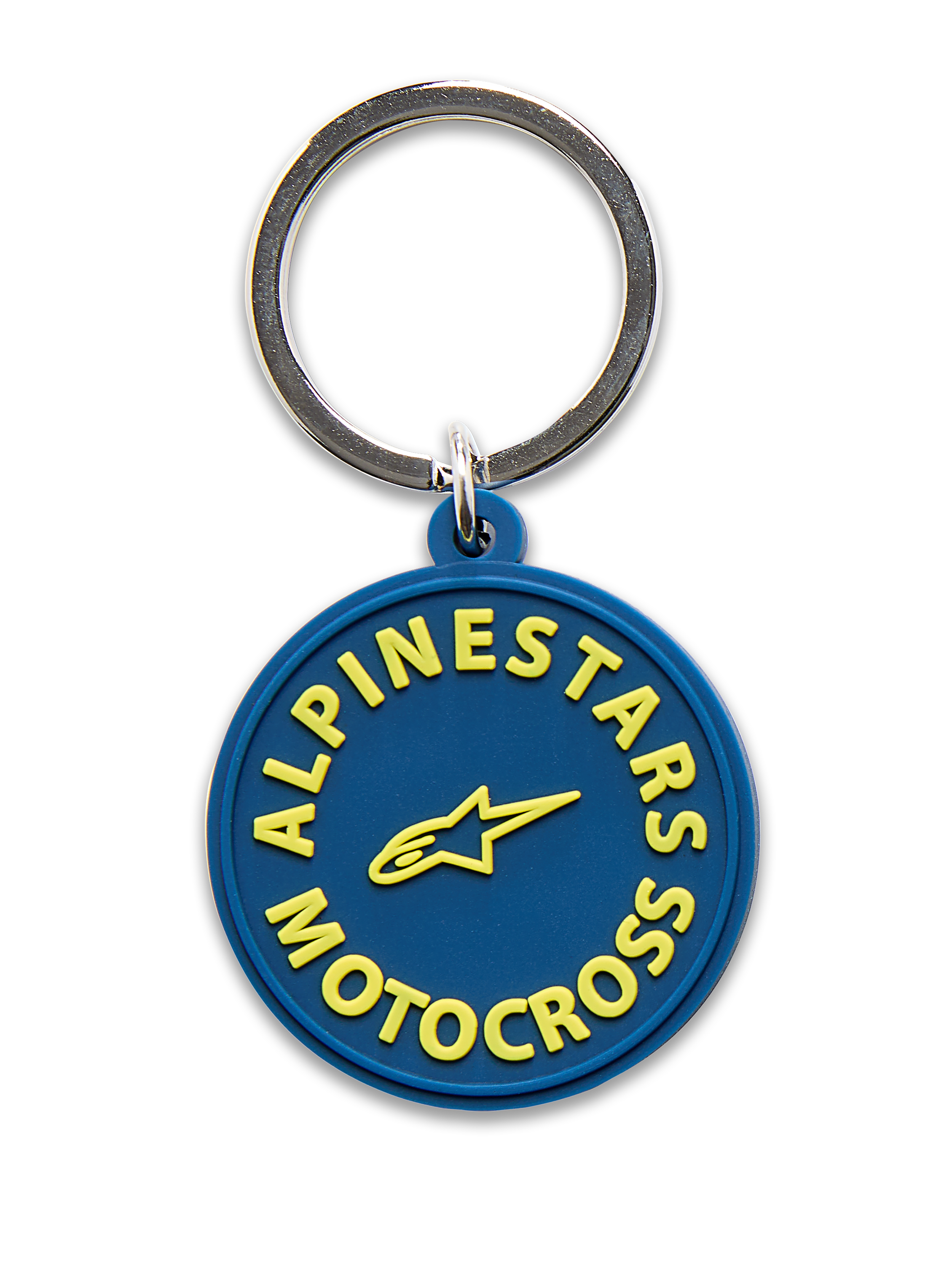 Porte-clés Alpinestars MX, bleu marine et jaune, design circulaire moulé en 3D avec texte Alpinestars Motocross et logo étoile jaunes, anneau métallique argenté, accessoire inspiré des sports mécaniques