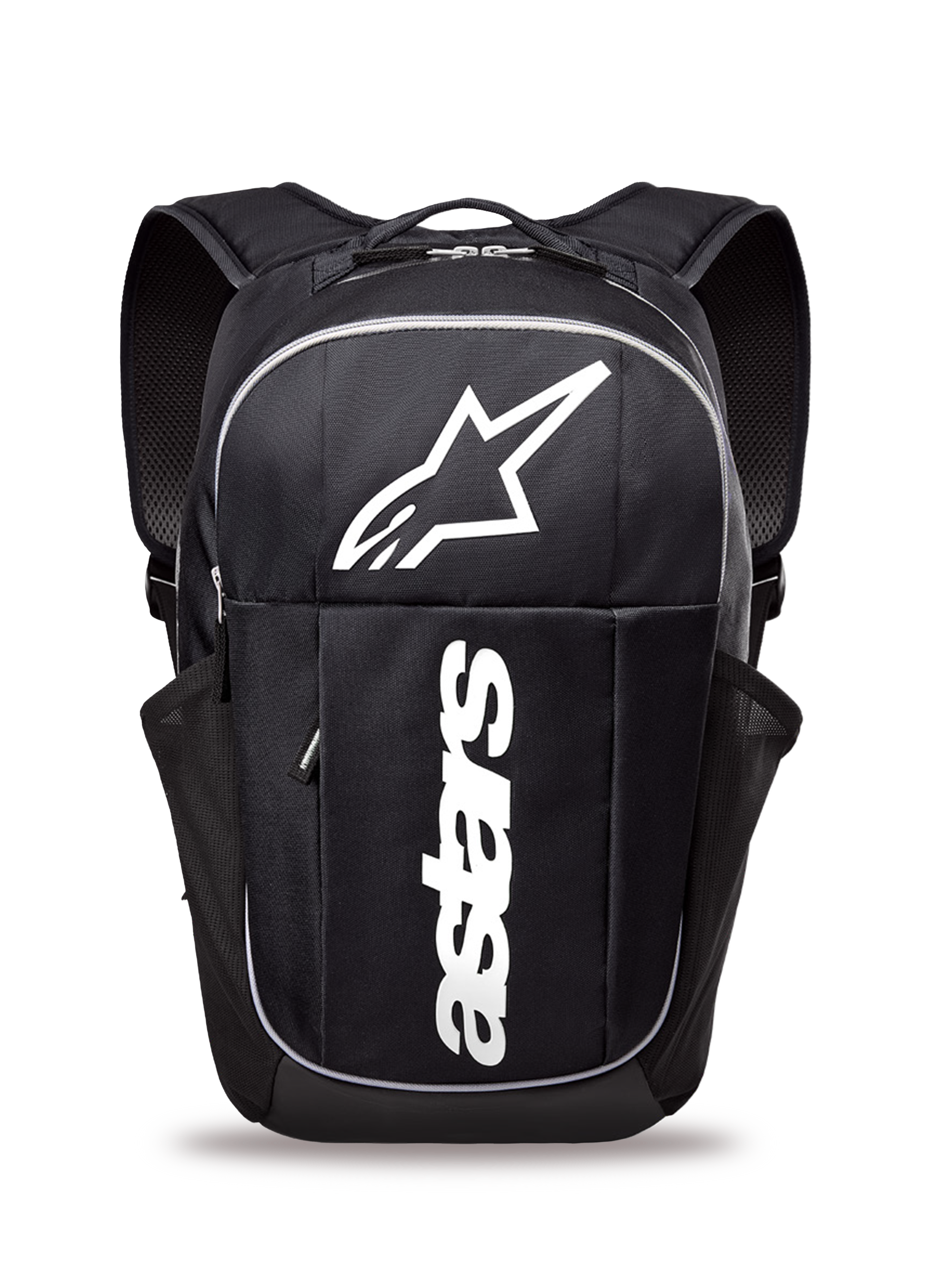 Sac à dos Alpinestars GFX Boss, sac à dos quotidien de taille moyenne, noir et blanc, doté d'un grand logo Astars blanc et d'un marquage vertical, poches latérales en maille pour bouteille d'eau, bretelles rembourrées en maille aérée, construction durable pour un usage décontracté