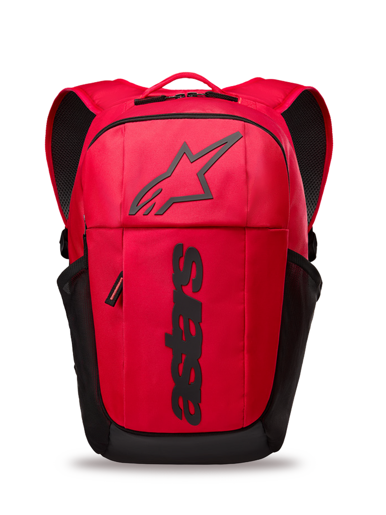 Alpinestars GFX Boss Backpack, red and black daily backpack, 20L capacity, featuring raised black silicone Astars logo and vertical branding, mesh side pockets, padded air mesh straps, durable 600D polyester construction