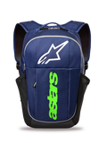 Sac à dos Alpinestars GFX Boss, sac à dos lifestyle, bleu marine et vert citron, avec un grand logo Astars blanc et un marquage vertical vert citron, poches latérales en maille pour bouteille d'eau, construction en polyester durable pour un usage quotidien