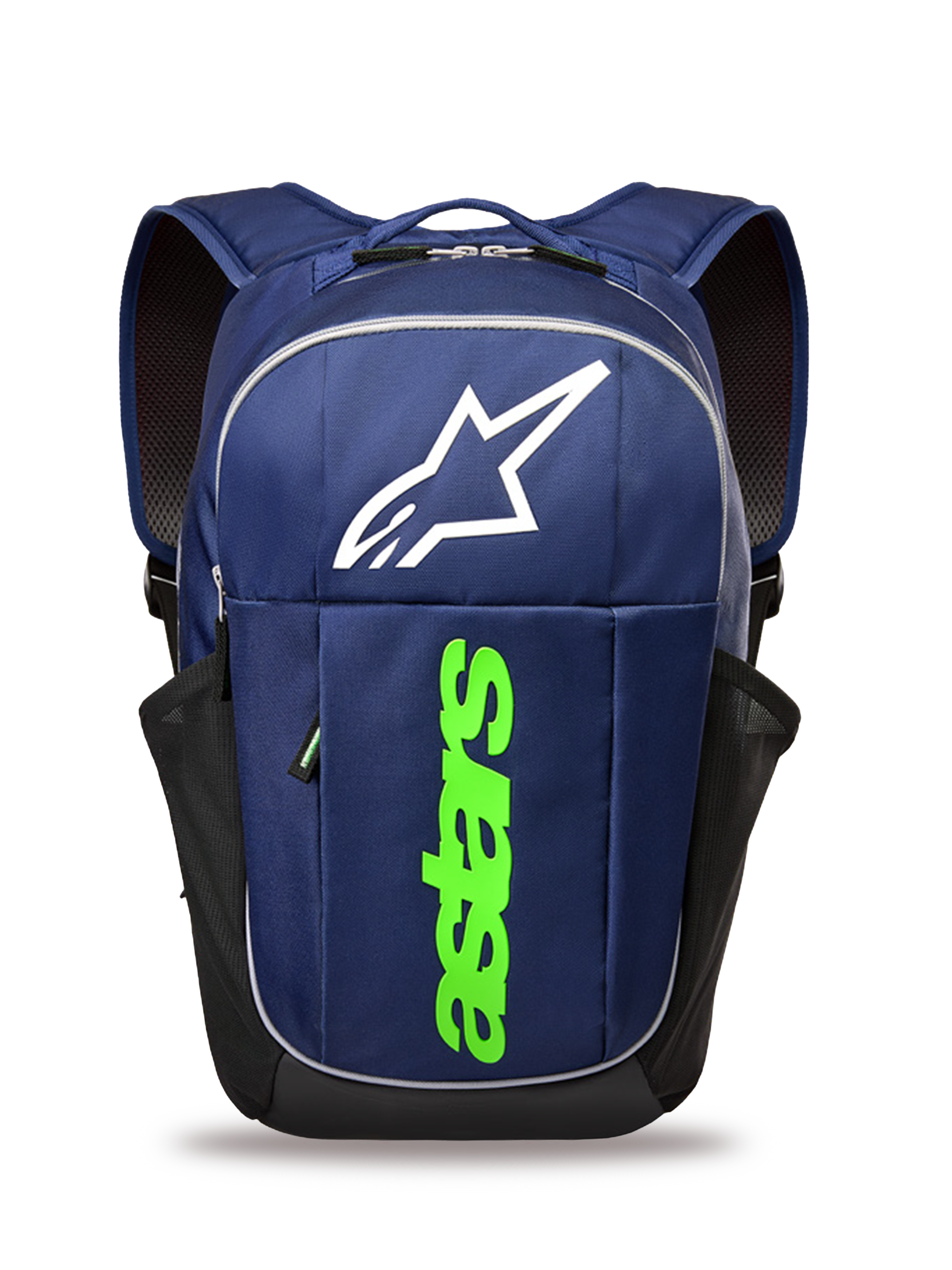 Sac à dos Alpinestars GFX Boss, sac à dos lifestyle, bleu marine et vert citron, avec un grand logo Astars blanc et un marquage vertical vert citron, poches latérales en maille pour bouteille d'eau, construction en polyester durable pour un usage quotidien